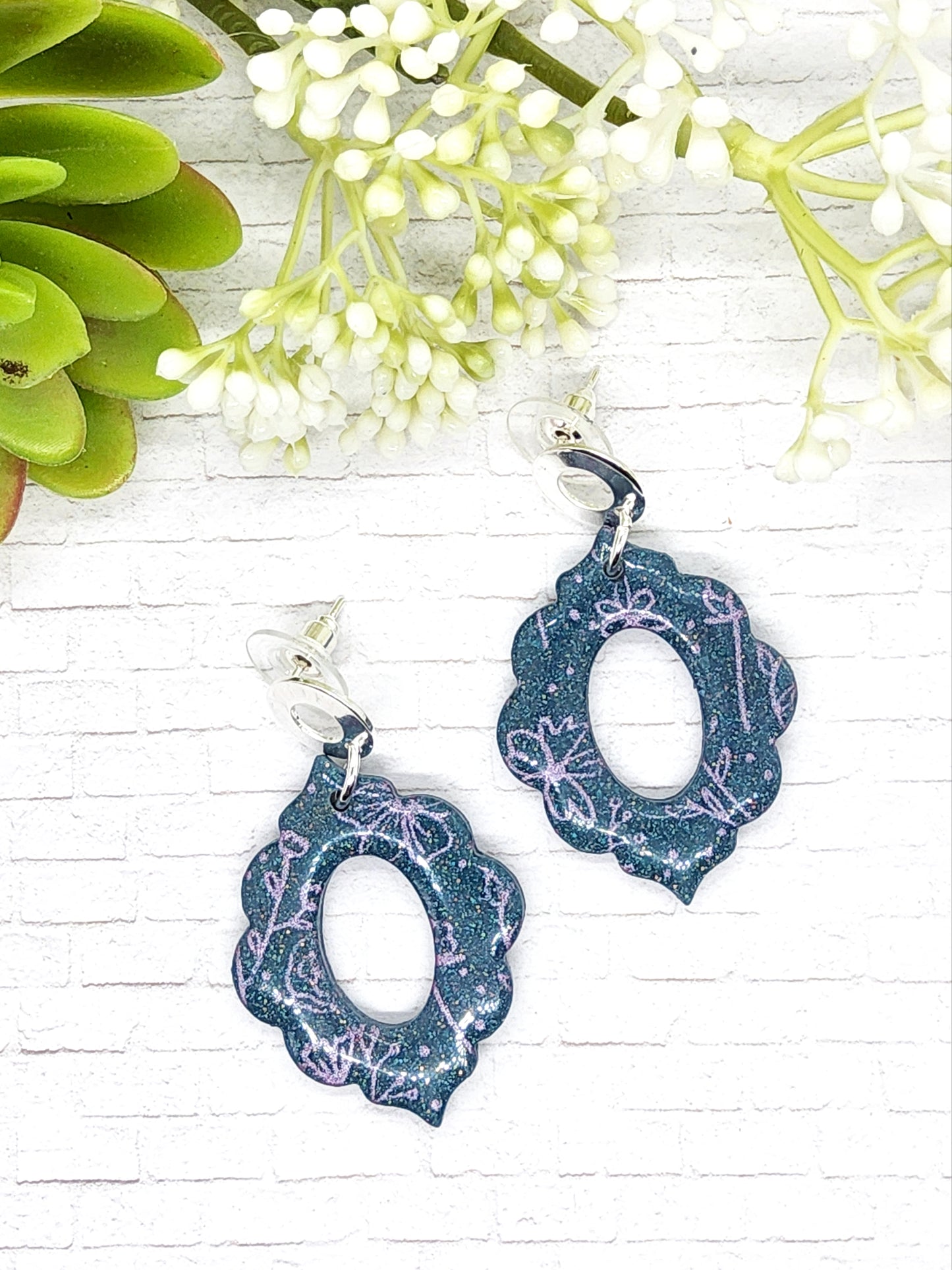 DEEP TEAL WITH LAVENDER PRINT POLYMER CLAY EARRINGS