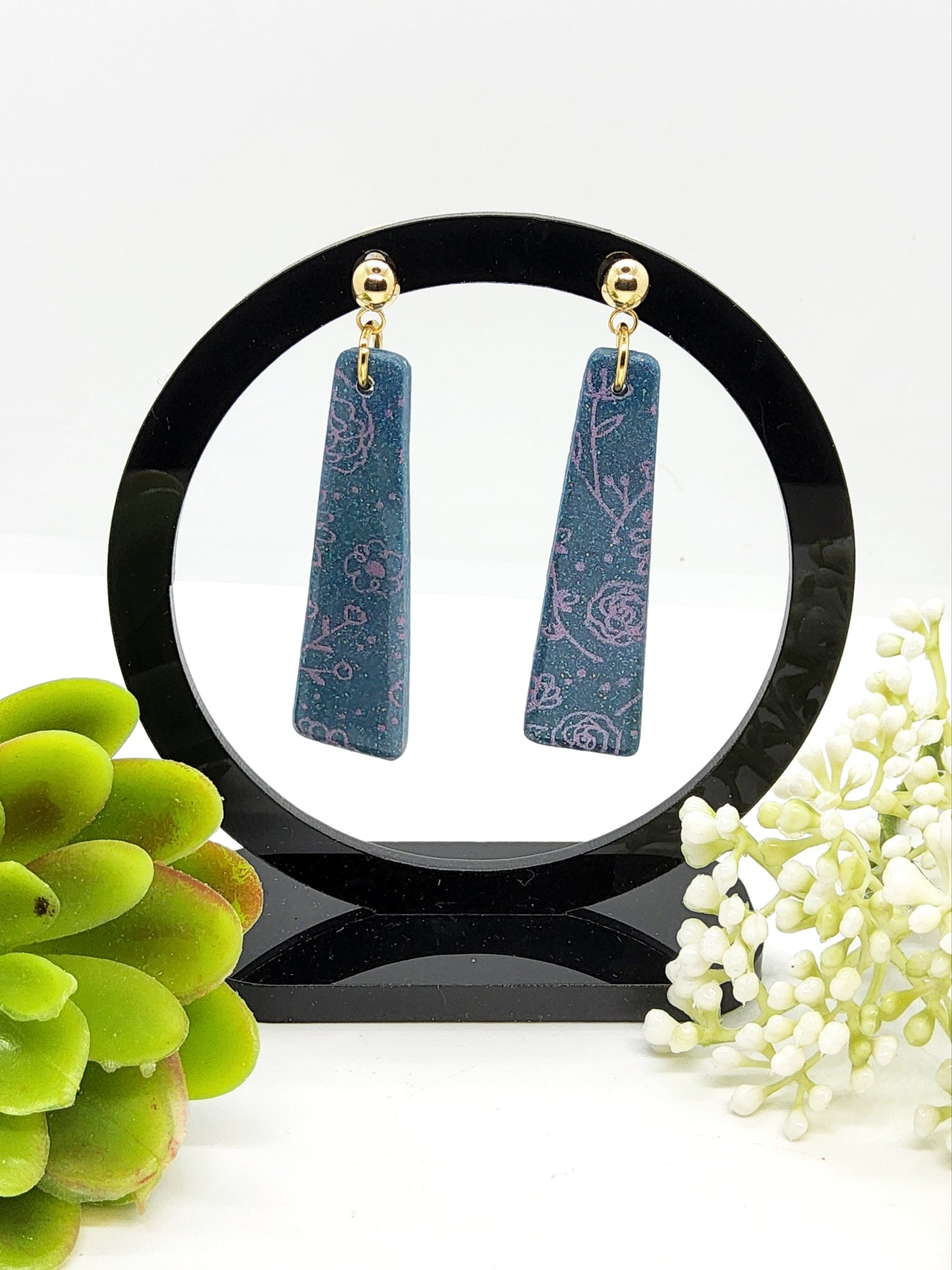 LAGOON BLUE WITH LILAC FLOWER PATTERN POLYMER CLAY EARRINGS