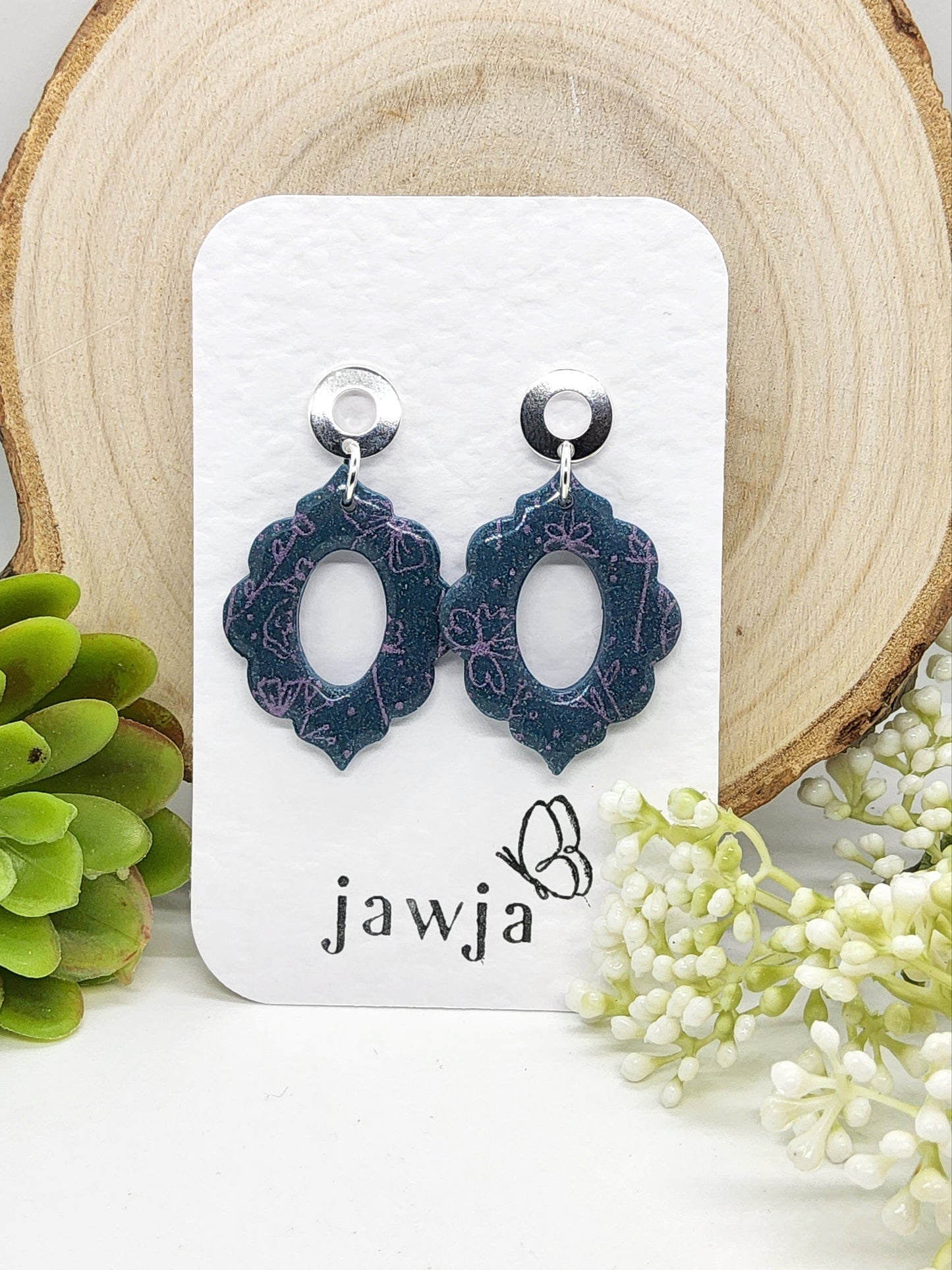 DEEP TEAL WITH LAVENDER PRINT POLYMER CLAY EARRINGS