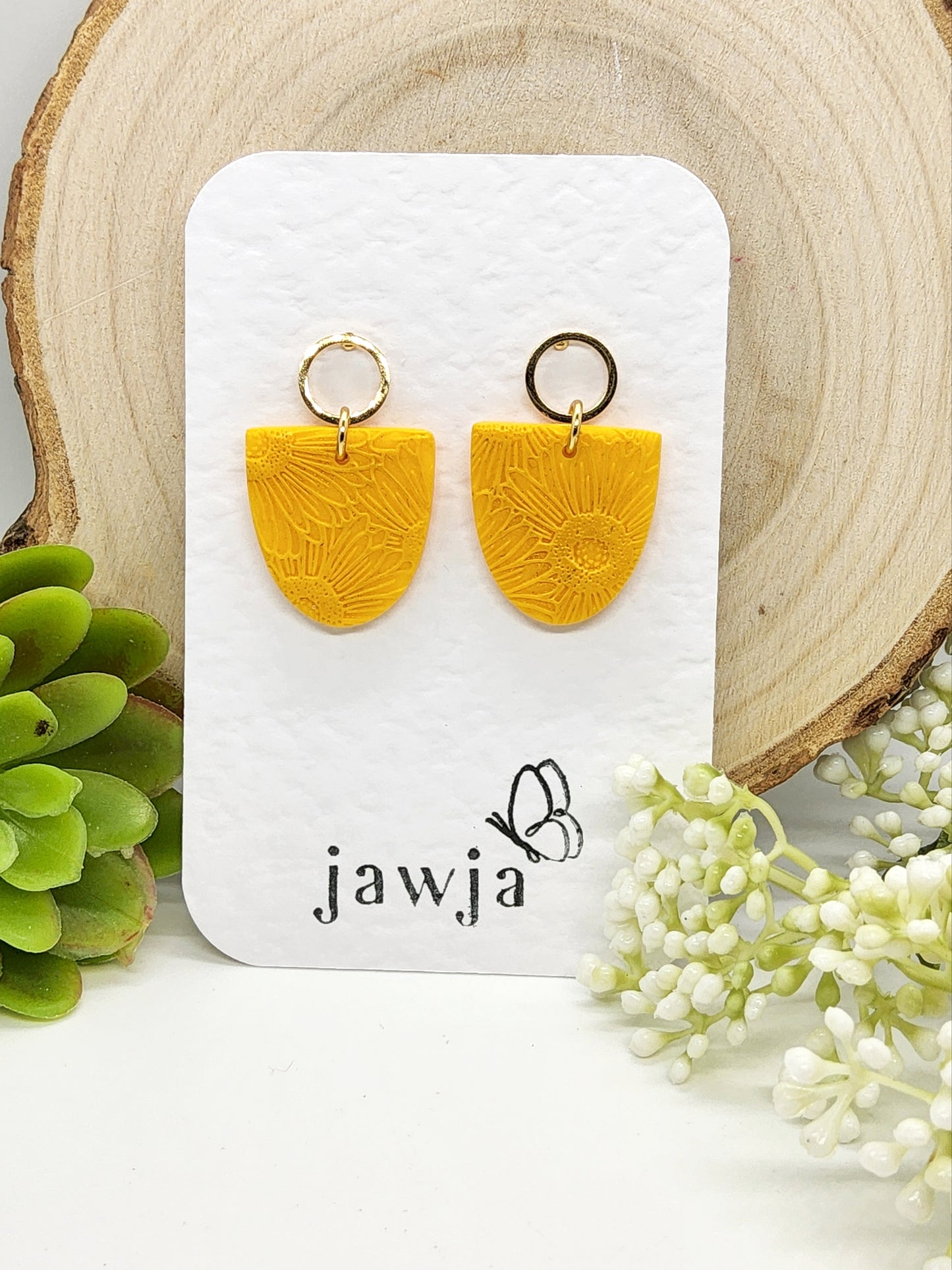 YELLOW SUNFLOWER EMBOSSED POLYMER CLAY EARRINGS