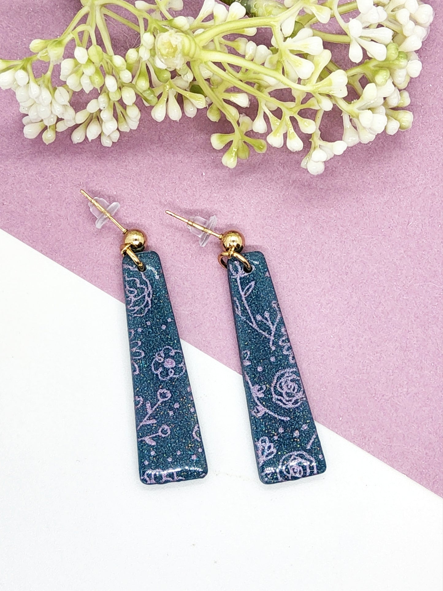 LAGOON BLUE WITH LILAC FLOWER PATTERN POLYMER CLAY EARRINGS