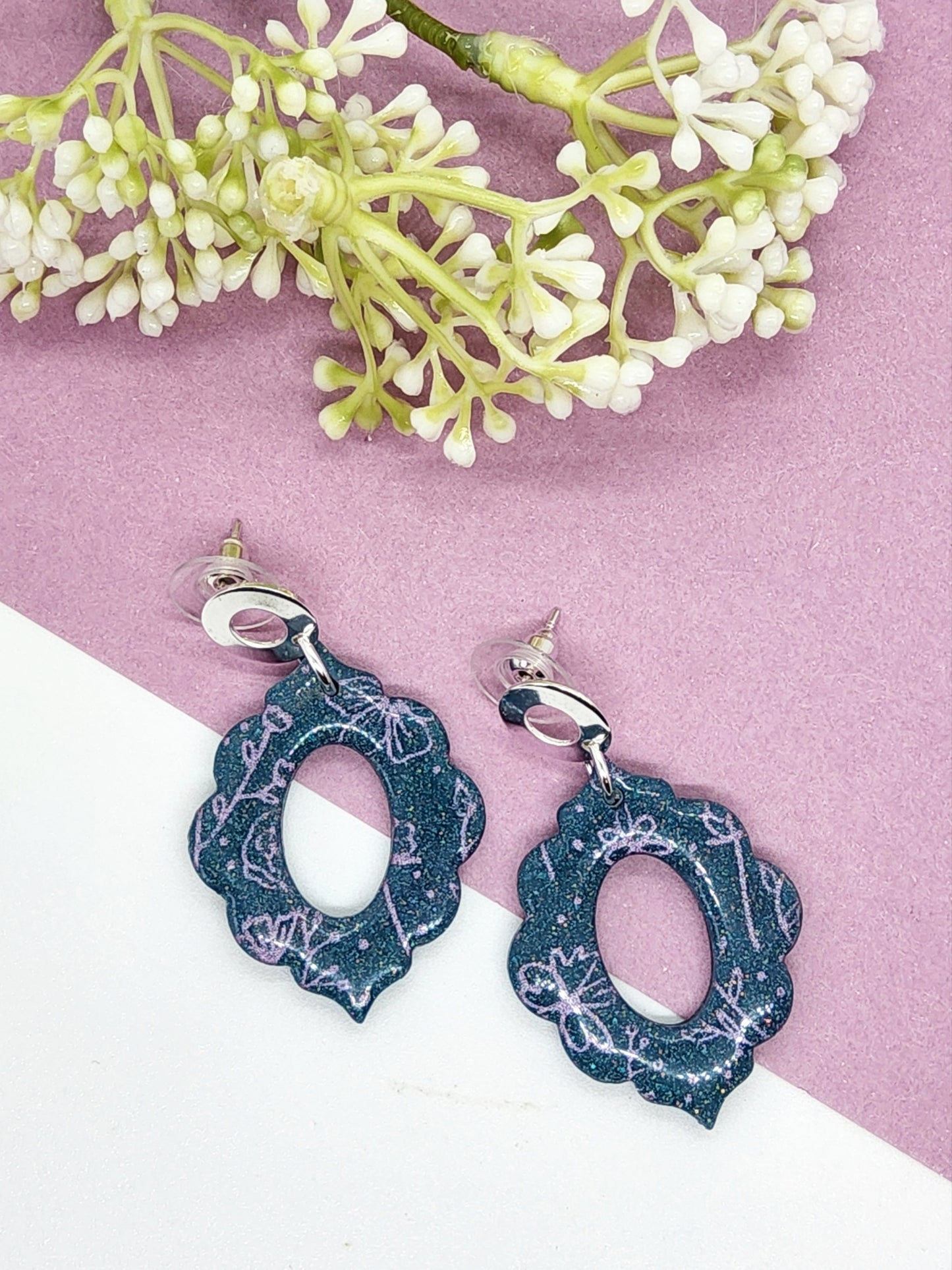 DEEP TEAL WITH LAVENDER PRINT POLYMER CLAY EARRINGS