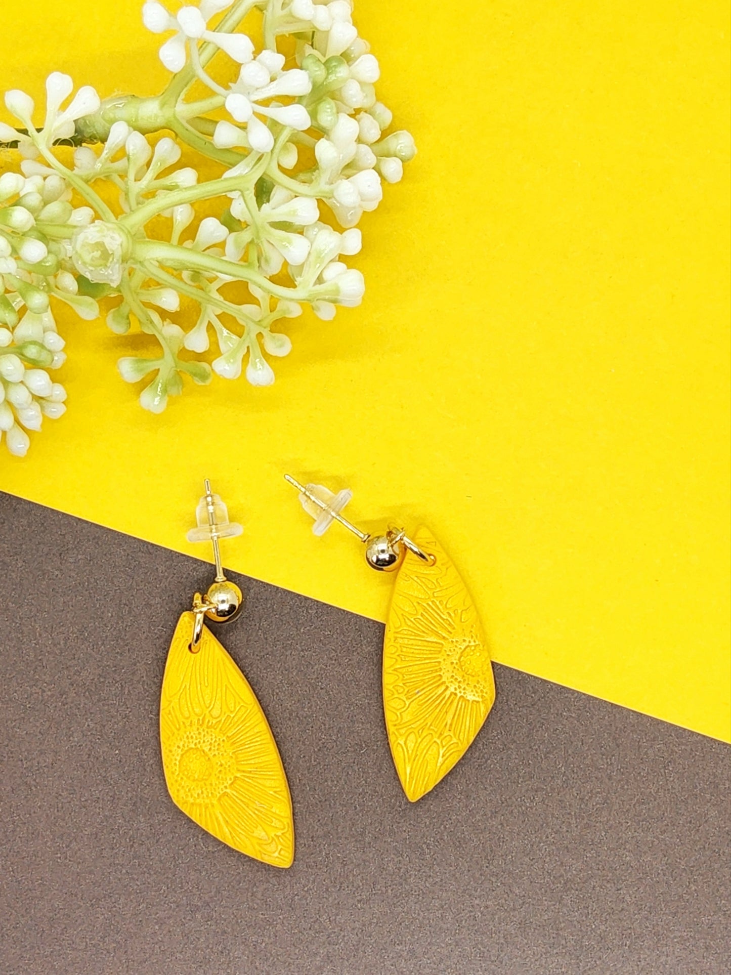 SAFFRON FLOWER EMBOSSED POLYMER CLAY EARRINGS