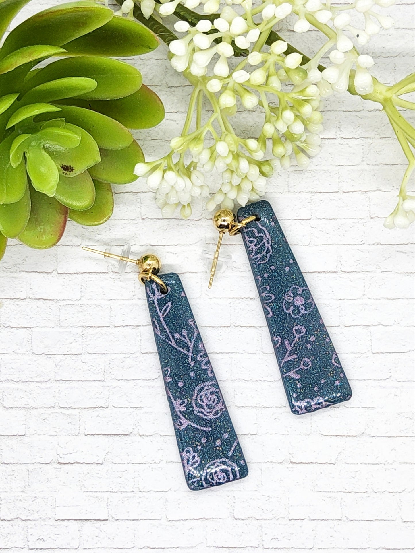 LAGOON BLUE WITH LILAC FLOWER PATTERN POLYMER CLAY EARRINGS