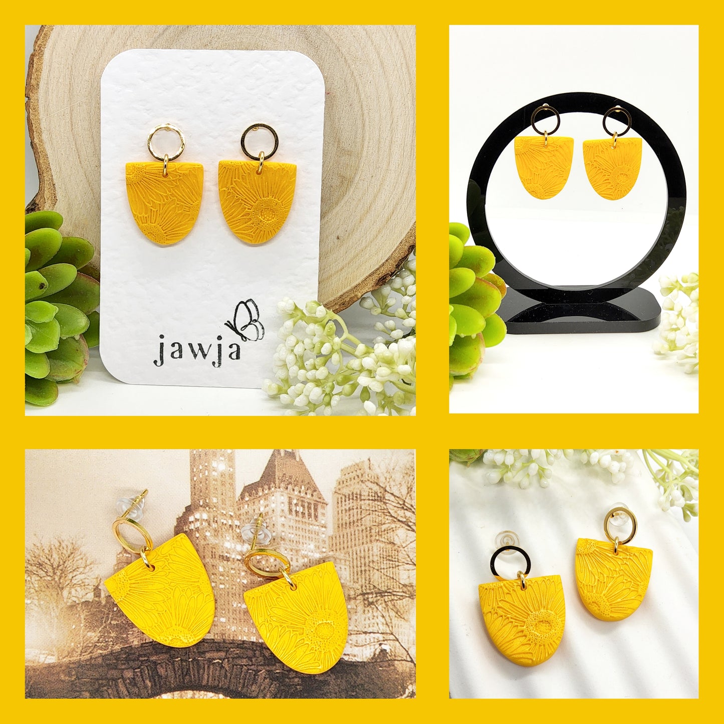 YELLOW SUNFLOWER EMBOSSED POLYMER CLAY EARRINGS