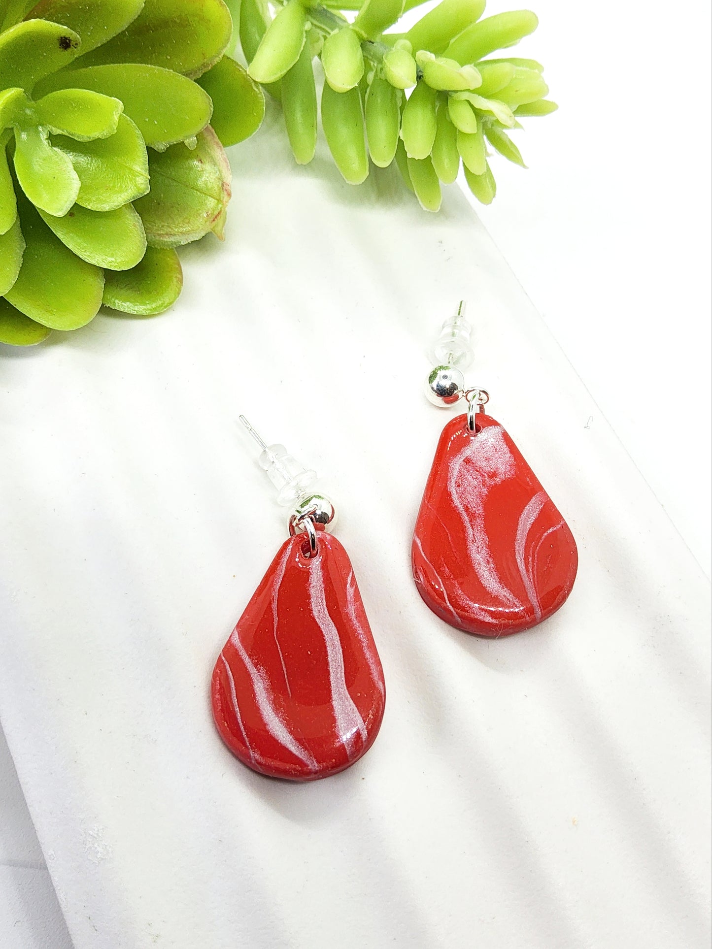 CHERRY RED AND SILVER POLYMER CLAY EARRINGS