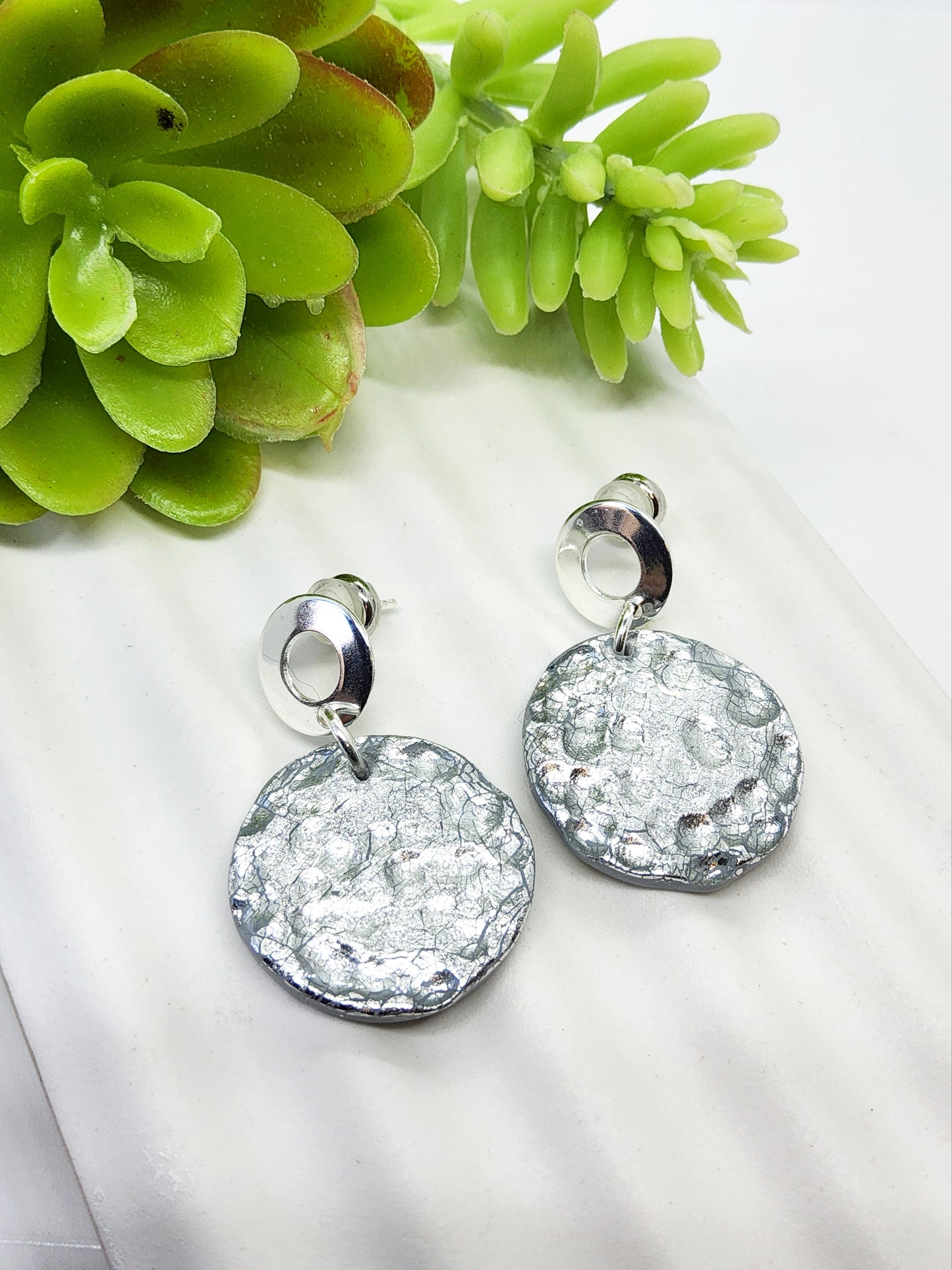 SILVER FOIL HAMMERED POLYMER CLAY EARRINGS