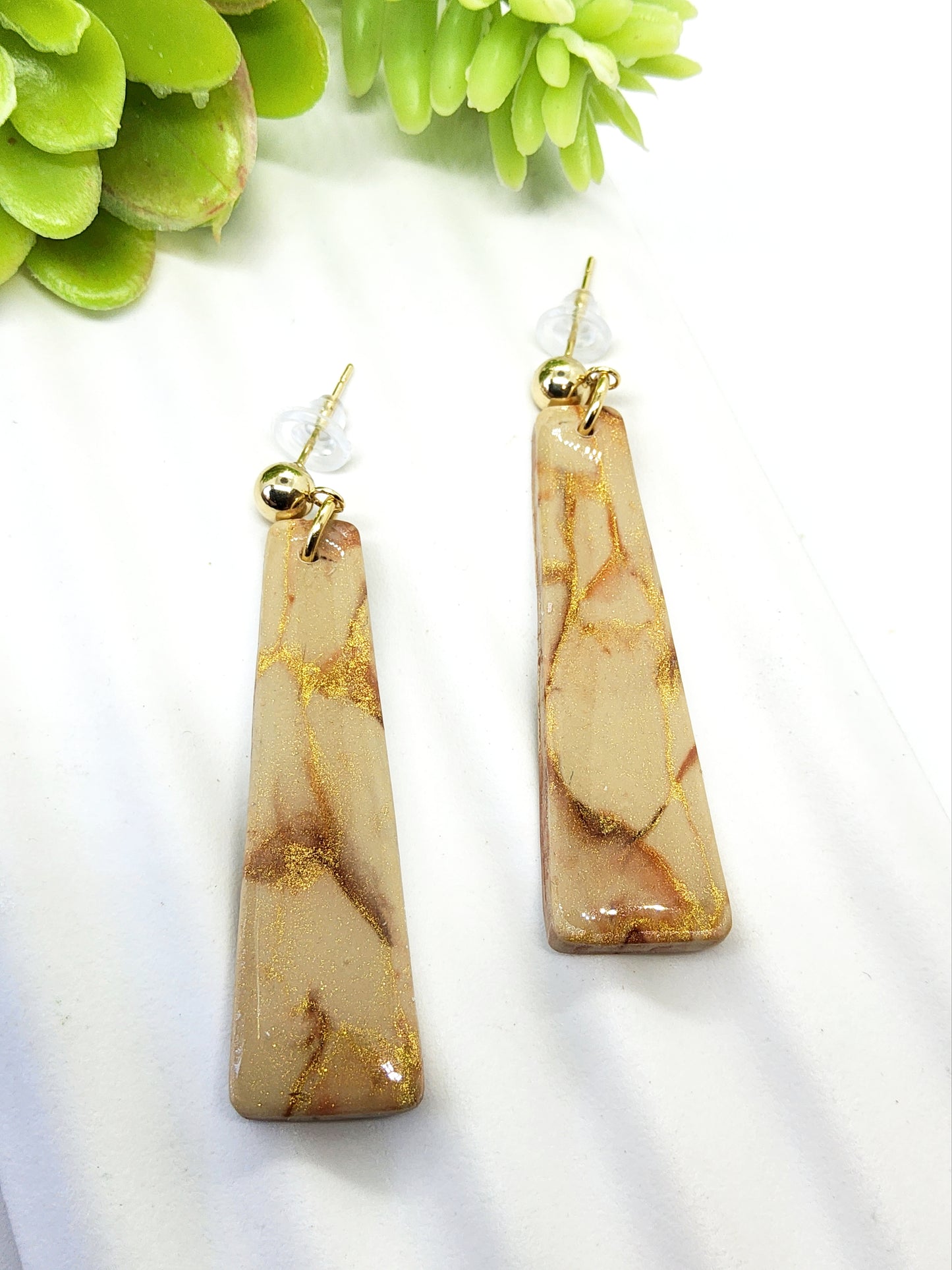 MARBLED LIGHT CAMEL, BROWN AND GOLD POLYMER CLAY EARRINGS