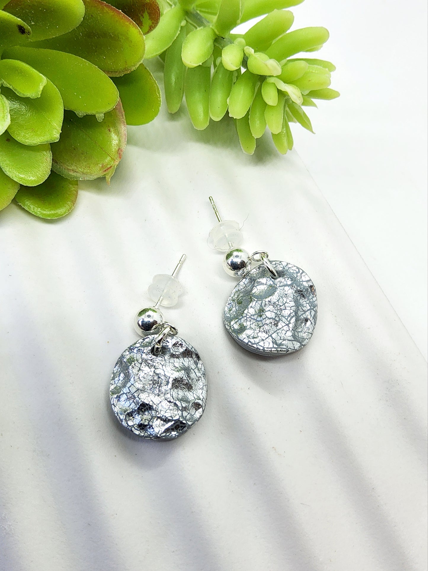 SILVER FOIL HAMMERED EFFECT POLYMER CLAY EARRINGS