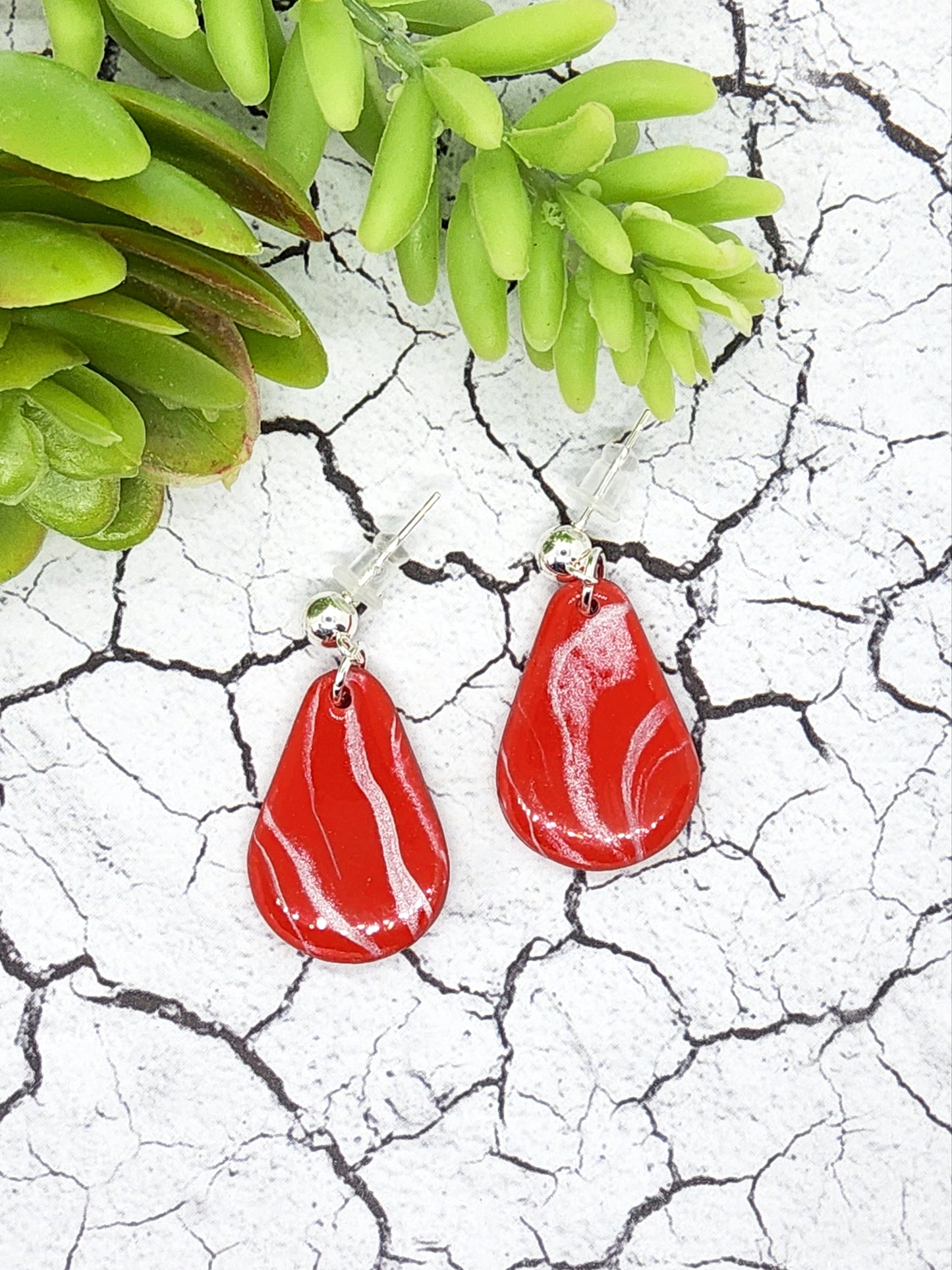 CHERRY RED AND SILVER POLYMER CLAY EARRINGS