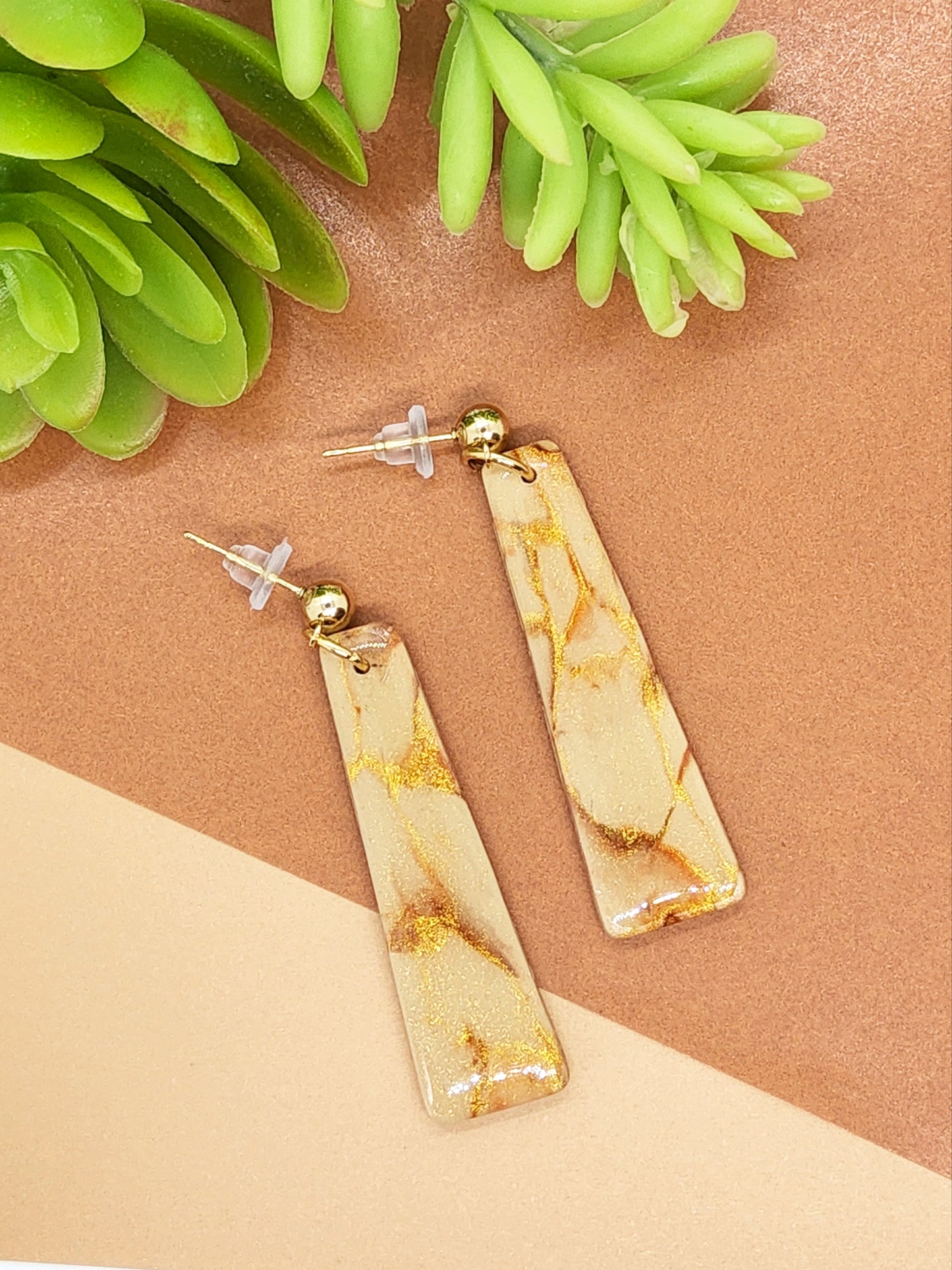 MARBLED LIGHT CAMEL, BROWN AND GOLD POLYMER CLAY EARRINGS