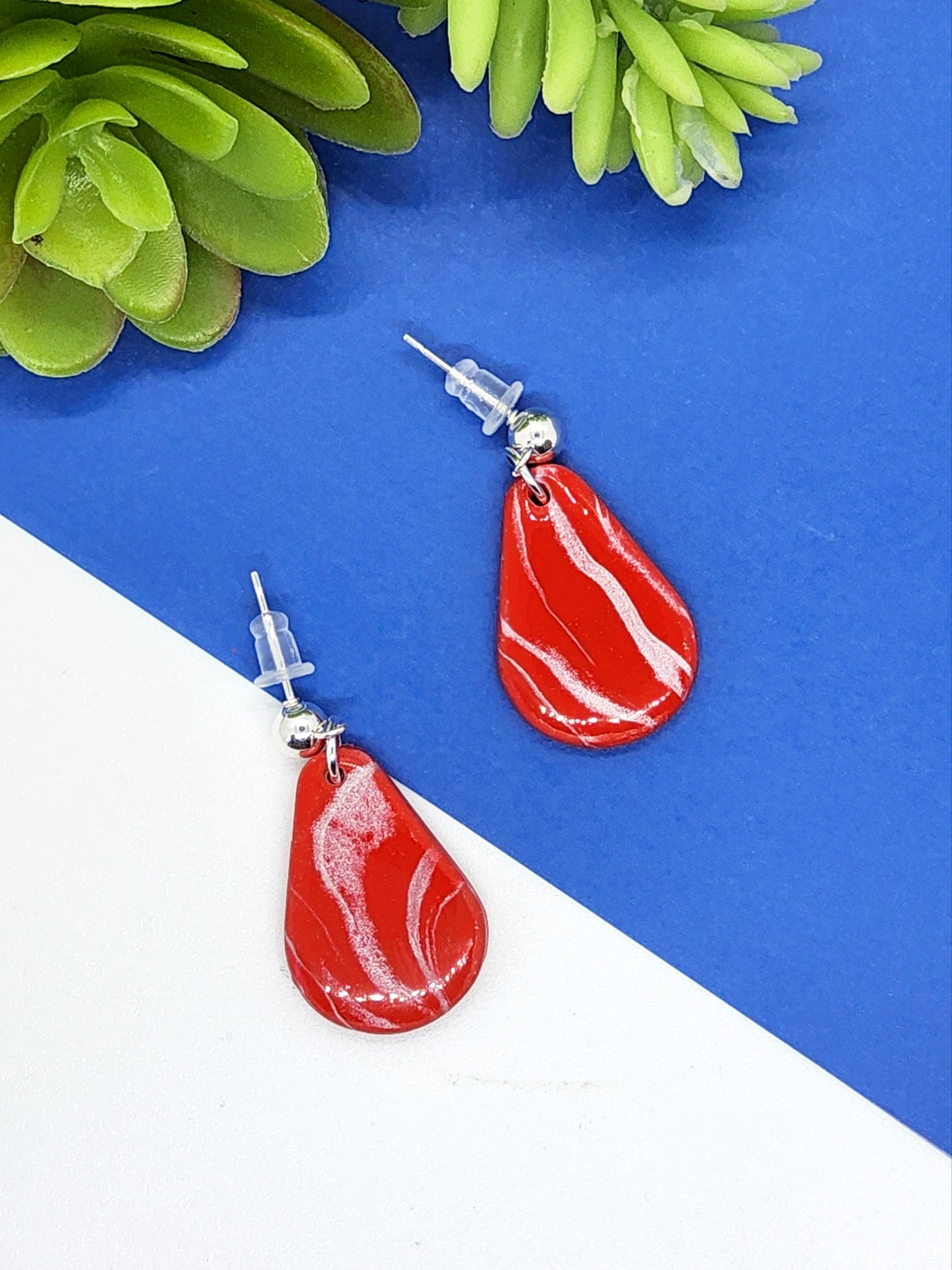 CHERRY RED AND SILVER POLYMER CLAY EARRINGS