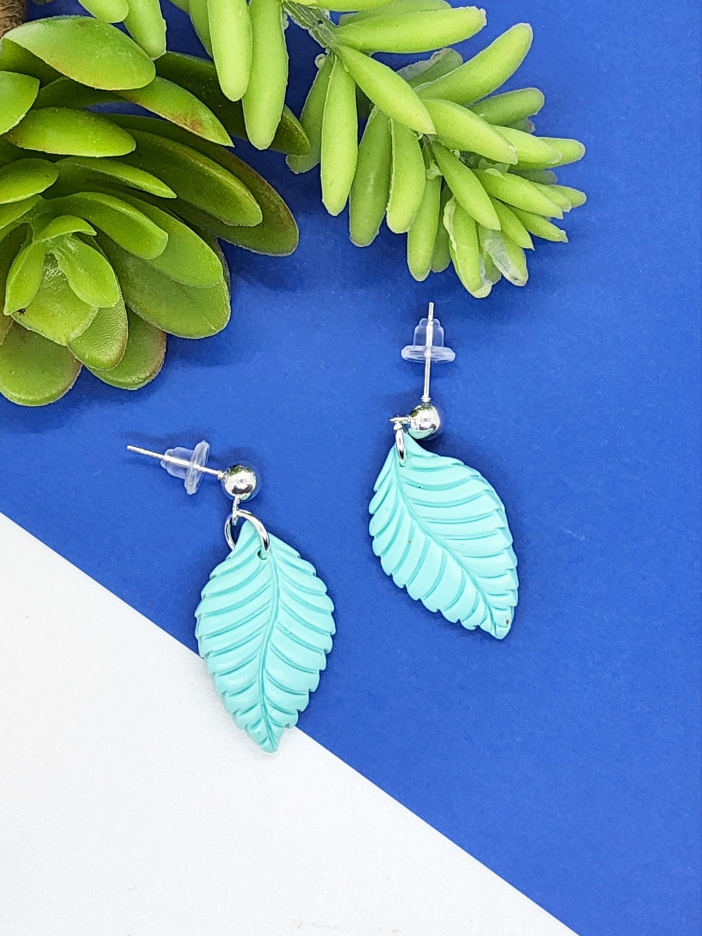 AQUA LEAF POLYMER CLAY EARRINGS