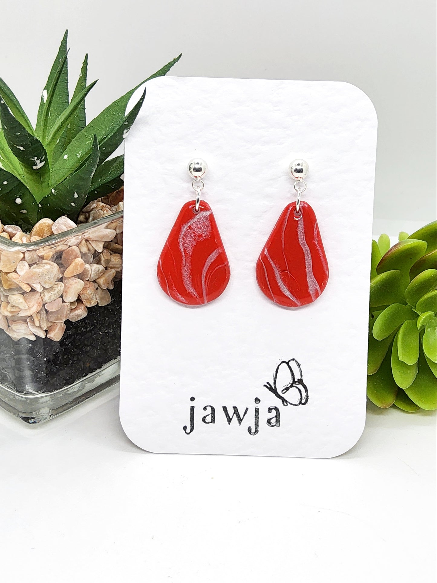 CHERRY RED AND SILVER POLYMER CLAY EARRINGS