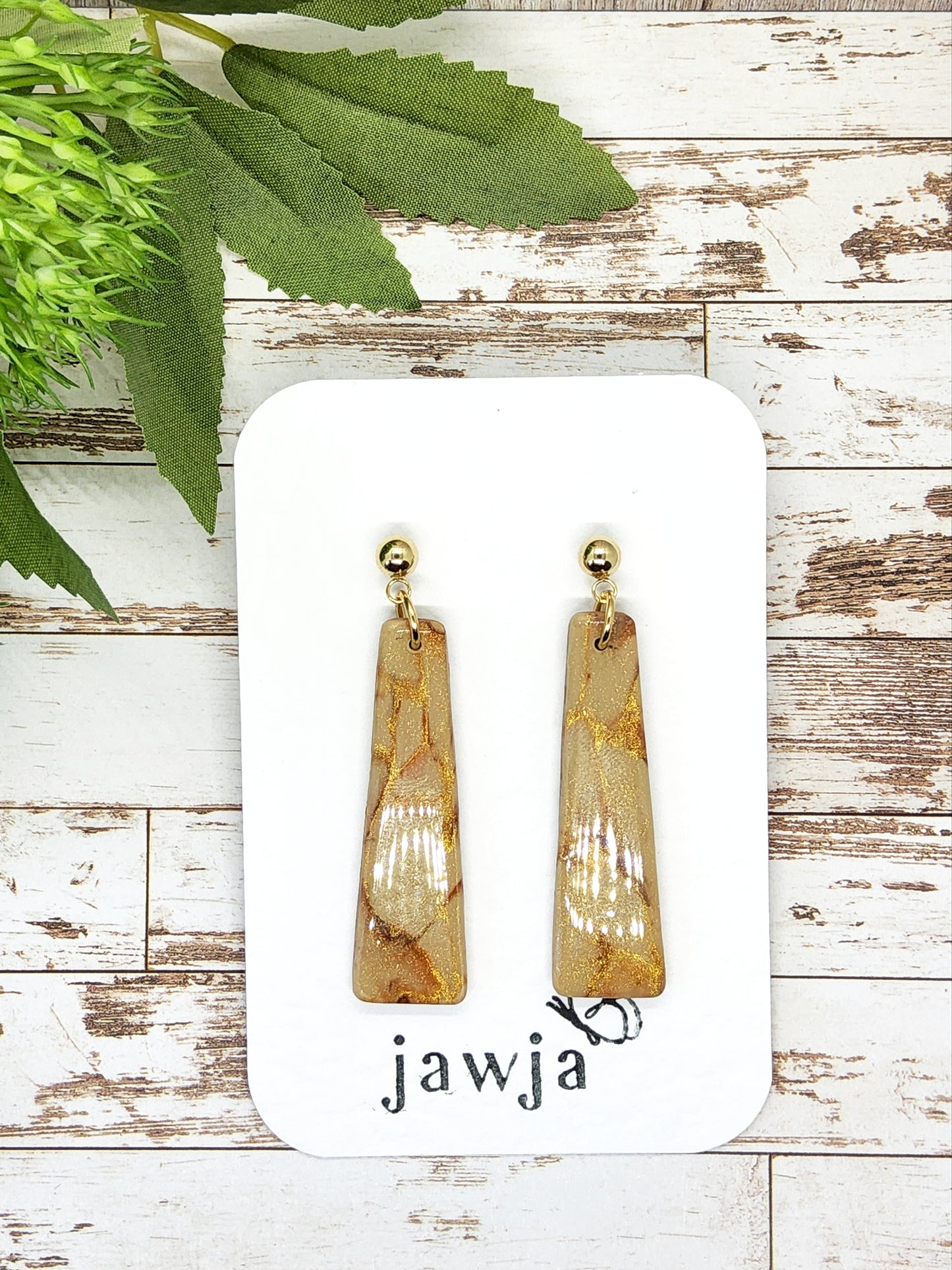 MARBLED LIGHT CAMEL, BROWN AND GOLD POLYMER CLAY EARRINGS