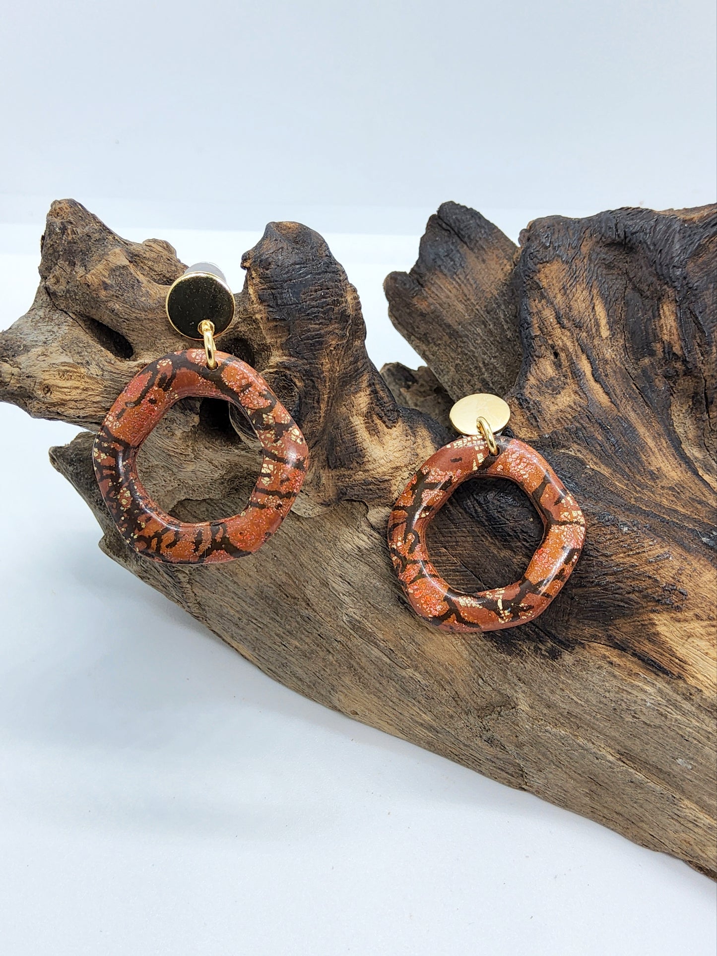 CRACKLE PRINT BROWN AND GOLD POLYMER CLAY EARRINGS