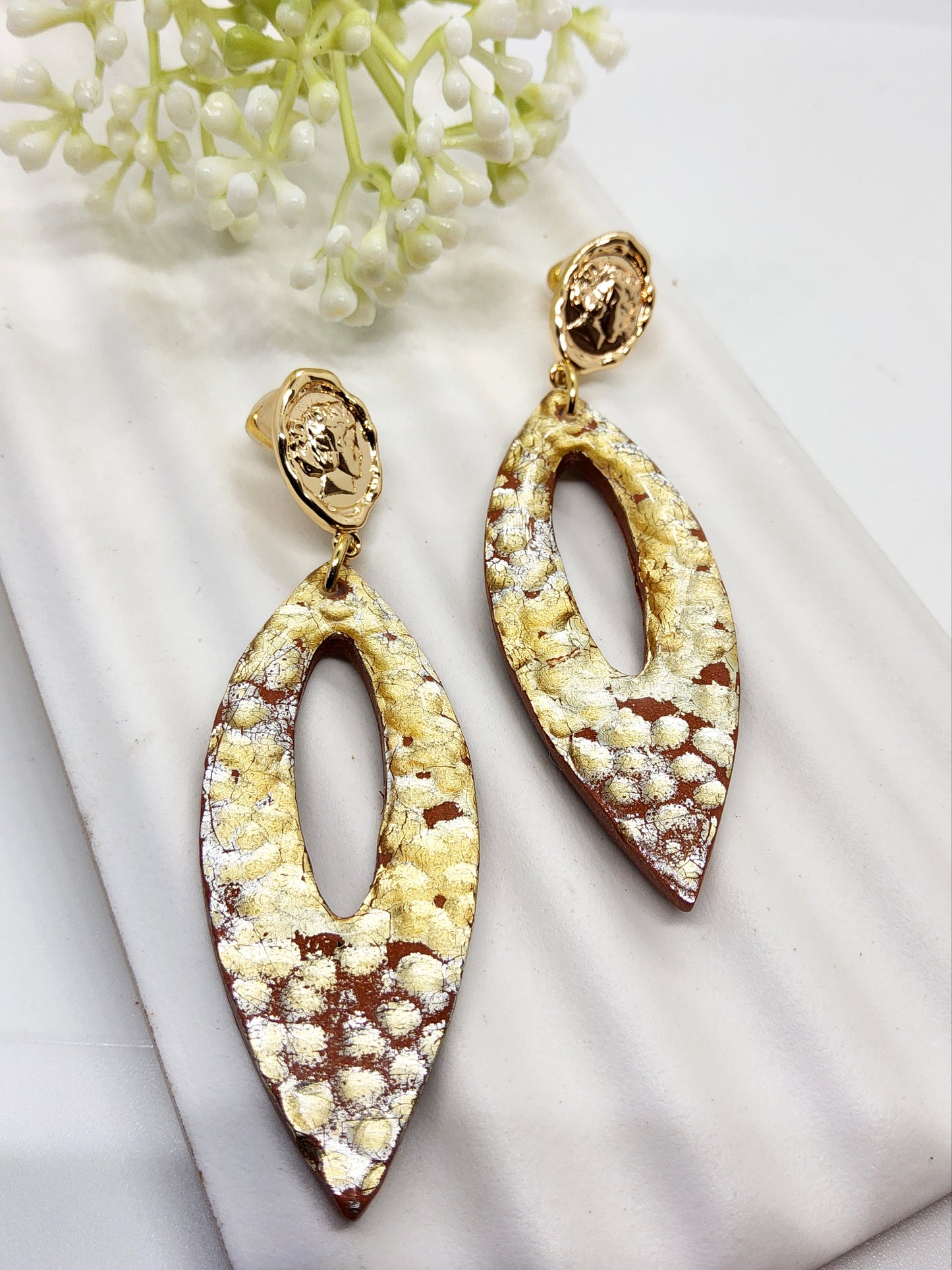 GOLD AND TERRACOTTA HAMMERED POLYMER CLAY EARRINGS