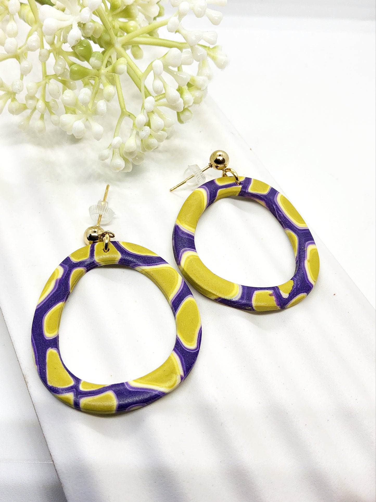 PURPLE AND LIME ORGANIC SHAPE POLYMER CLAY EARRINGS