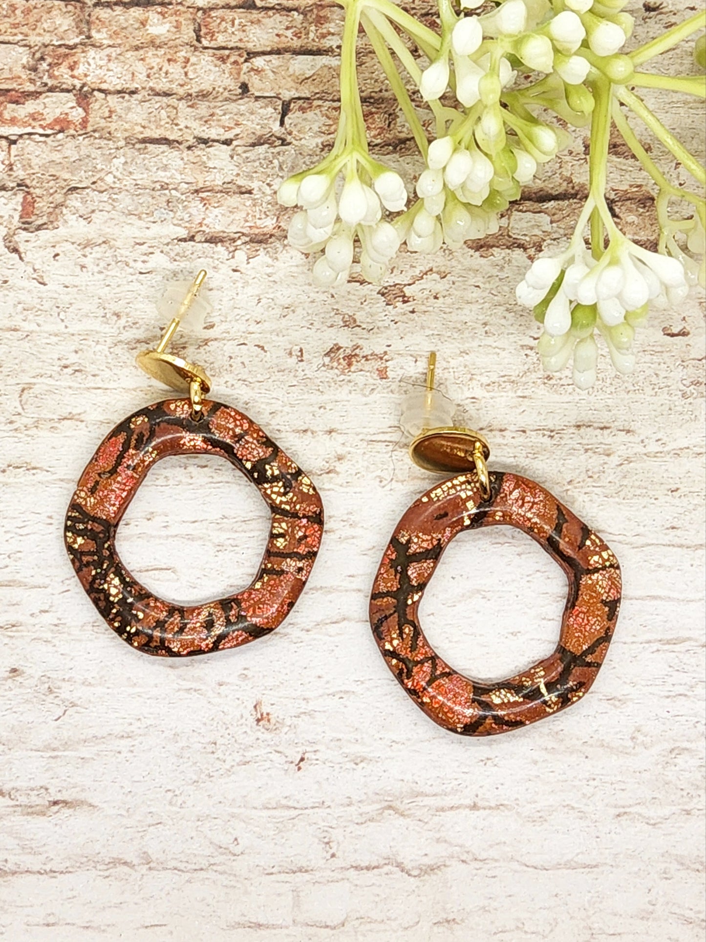 CRACKLE PRINT BROWN AND GOLD POLYMER CLAY EARRINGS