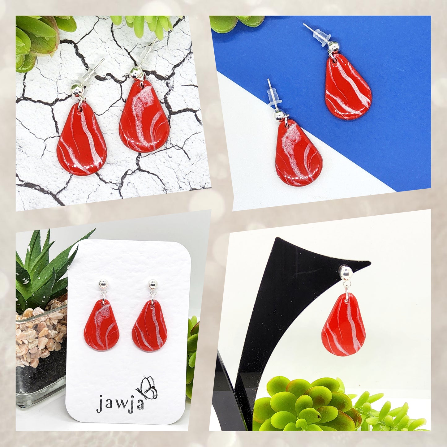 CHERRY RED AND SILVER POLYMER CLAY EARRINGS