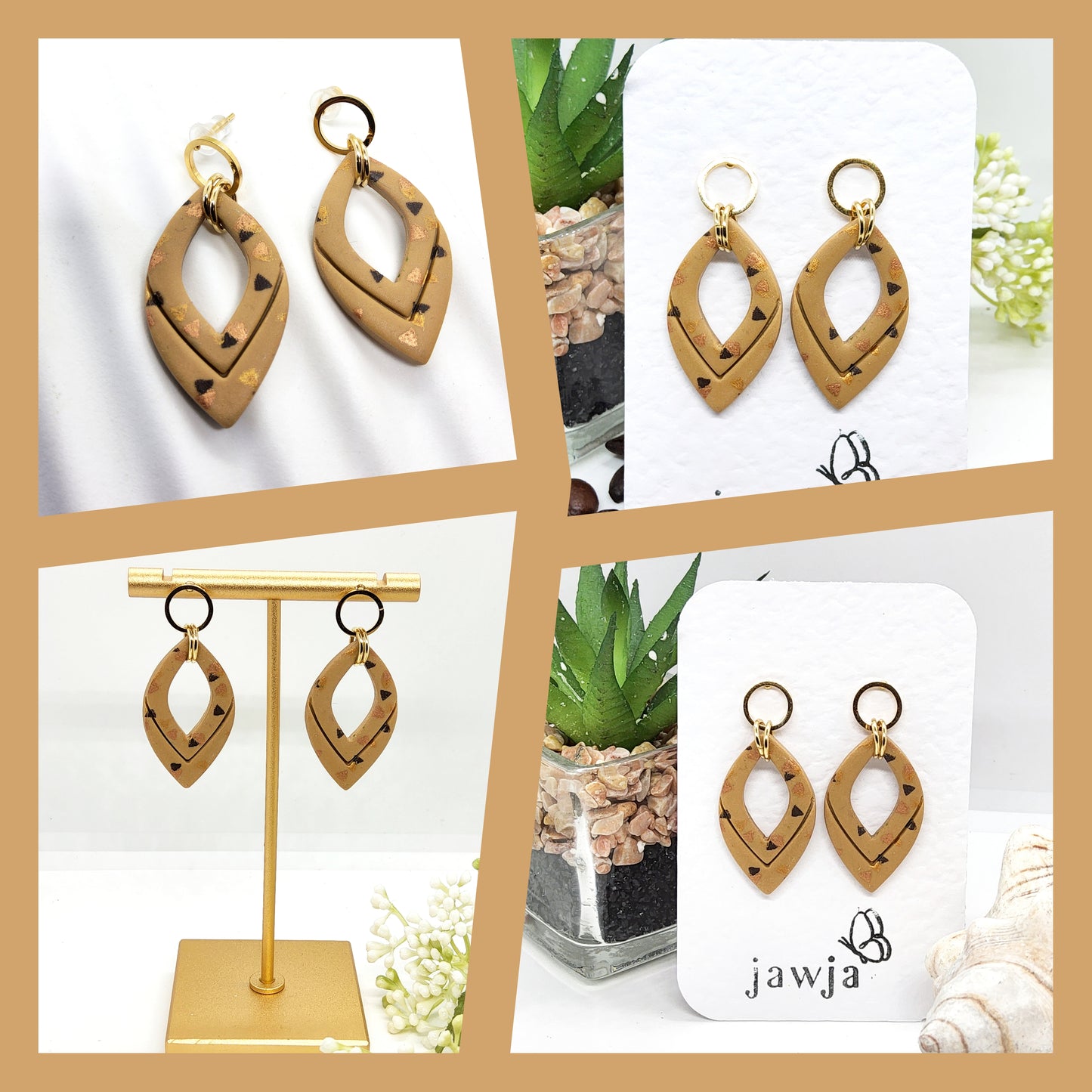 CHOCOLATE AND GOLD TRIANGLE POLYMER CLAY EARRINGS