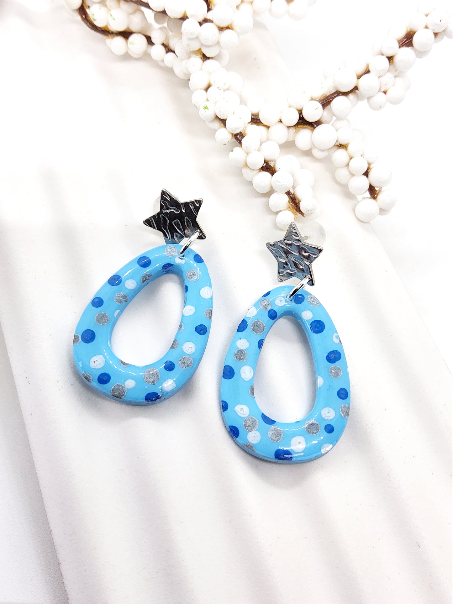 BABY BLUE WITH DOTS POLYMER CLAY EARRINGS