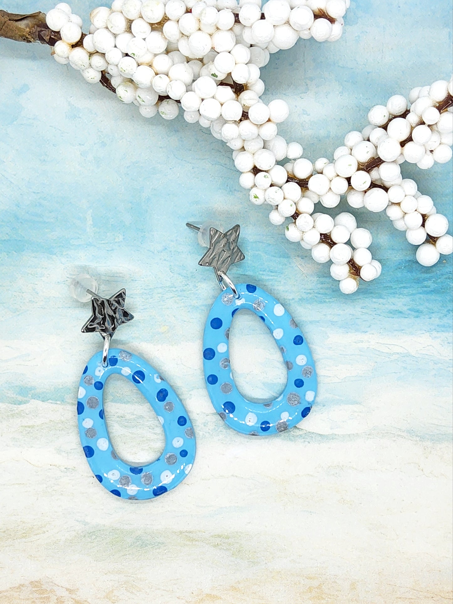 BABY BLUE WITH DOTS POLYMER CLAY EARRINGS