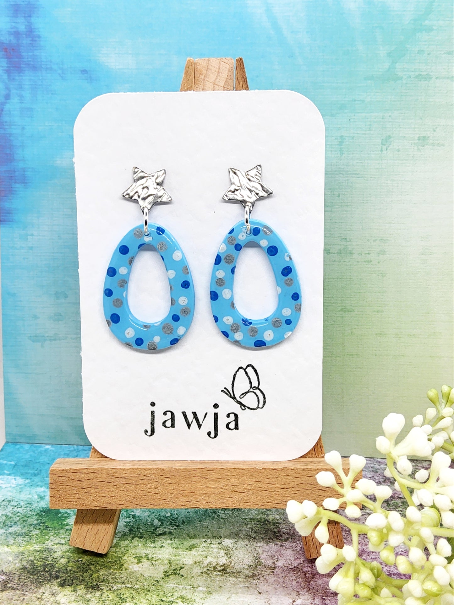 BABY BLUE WITH DOTS POLYMER CLAY EARRINGS