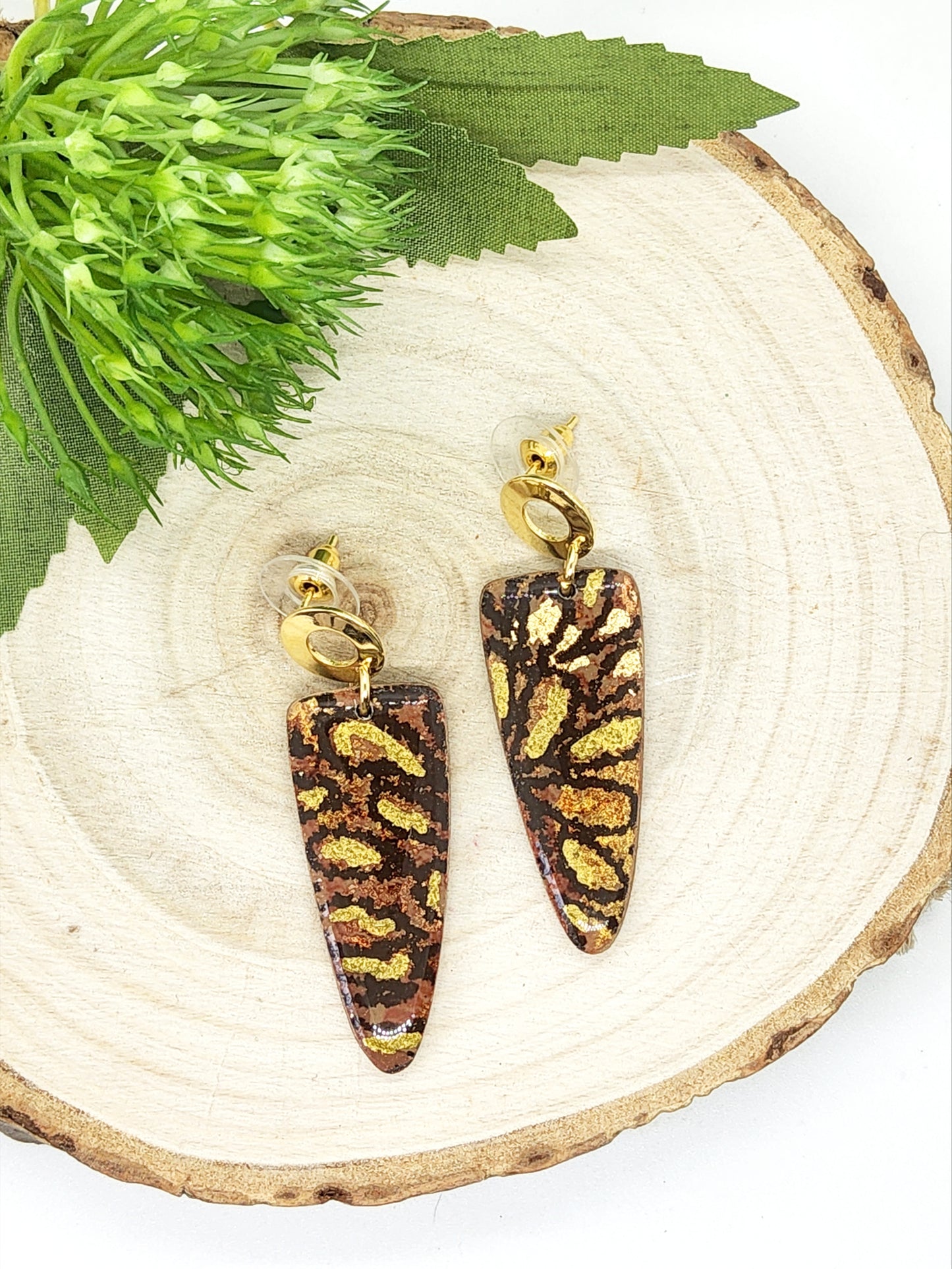 BROWN AND GOLD FOIL POLYMER CLAY EARRINGS