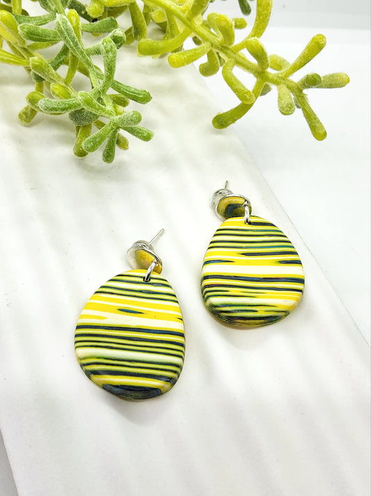 BRIGHT YELLOW AND NAVY STRIPED POLYMER CLAY EARRINGS