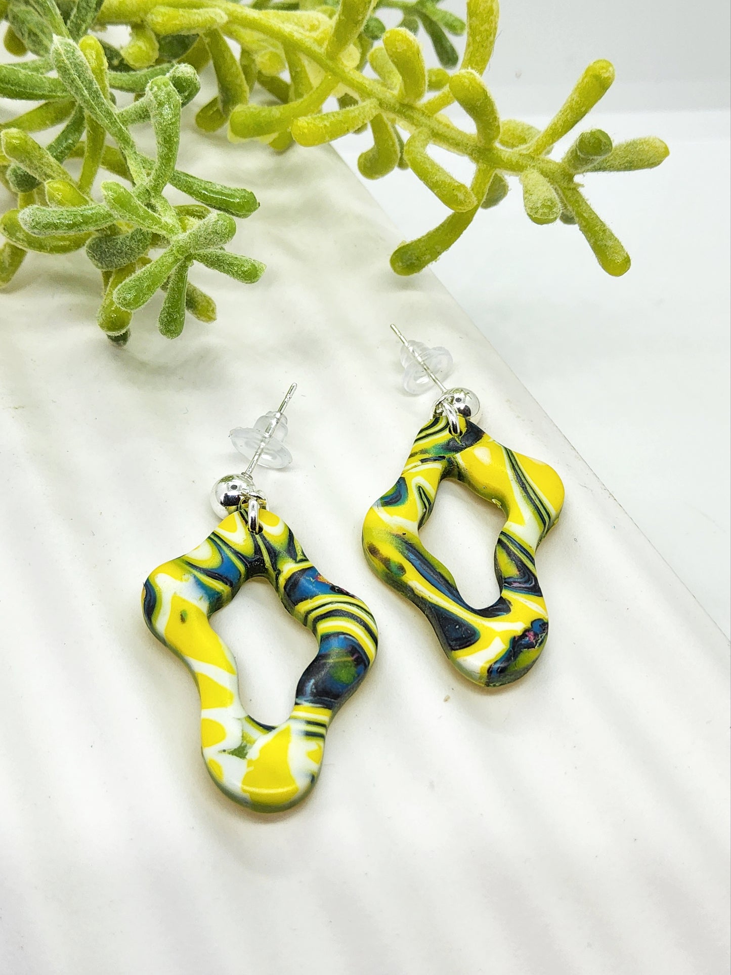 BRIGHT YELLOW AND NAVY ORGANIC SHAPE POLYMER CLAY EARRINGS