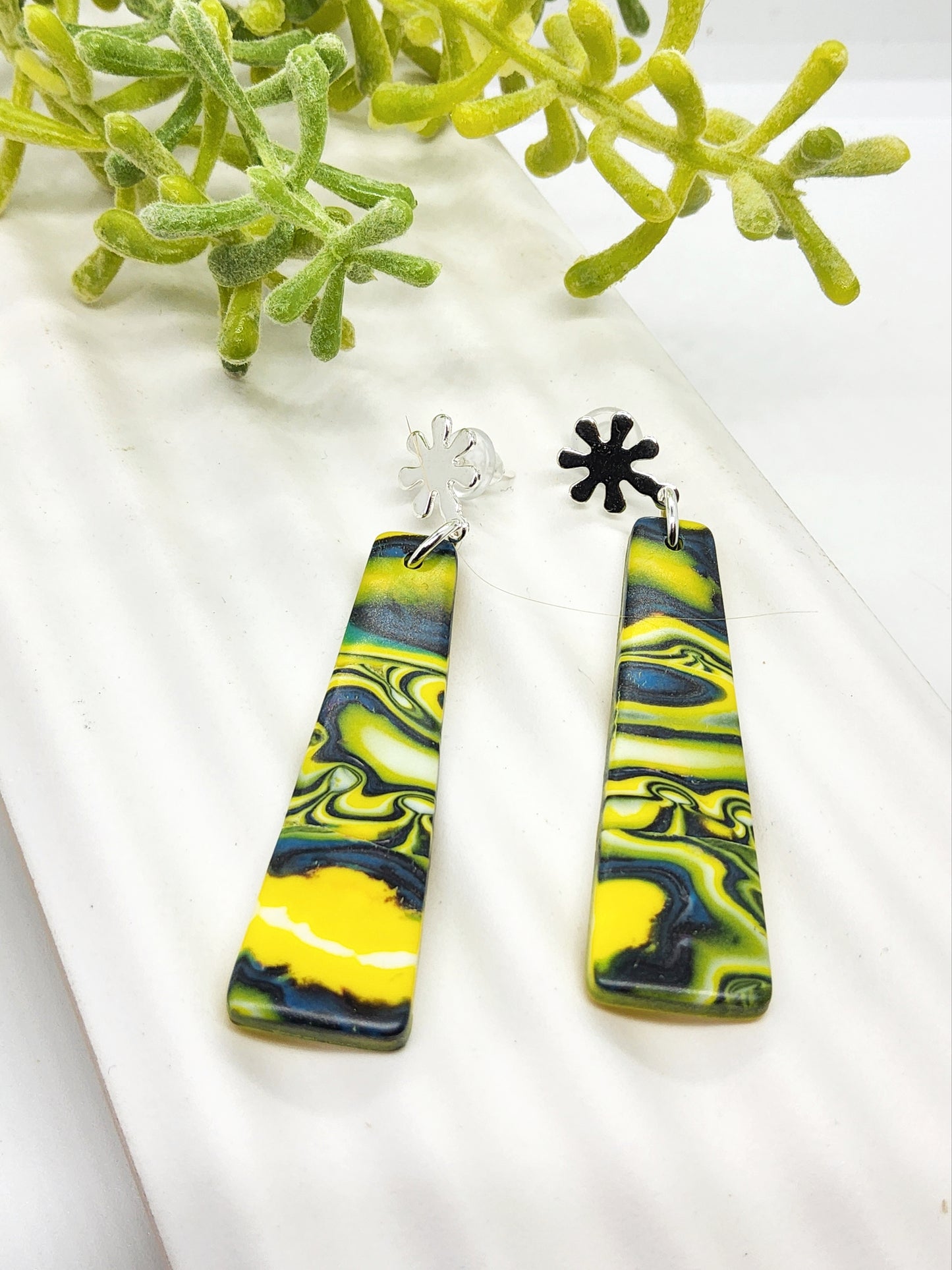 TIE DYE IN YELLOW, BLUE WHITE POLYMER CLAY EARRINGS