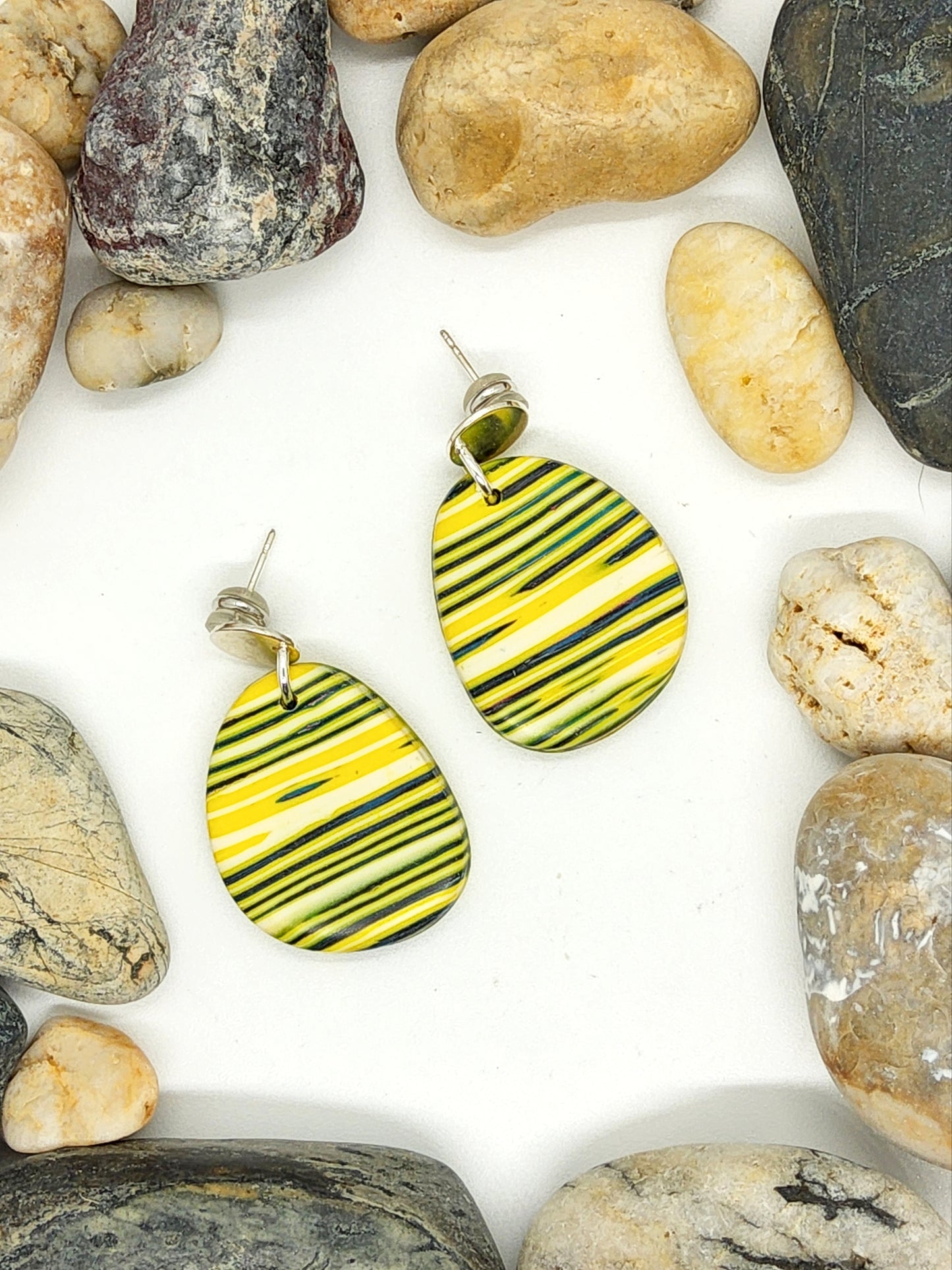 BRIGHT YELLOW AND NAVY STRIPED POLYMER CLAY EARRINGS