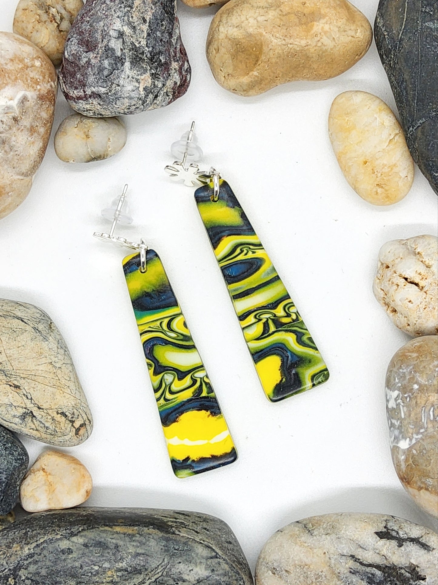 TIE DYE IN YELLOW, BLUE WHITE POLYMER CLAY EARRINGS