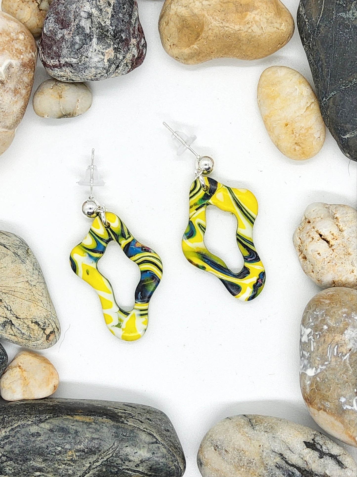 BRIGHT YELLOW AND NAVY ORGANIC SHAPE POLYMER CLAY EARRINGS