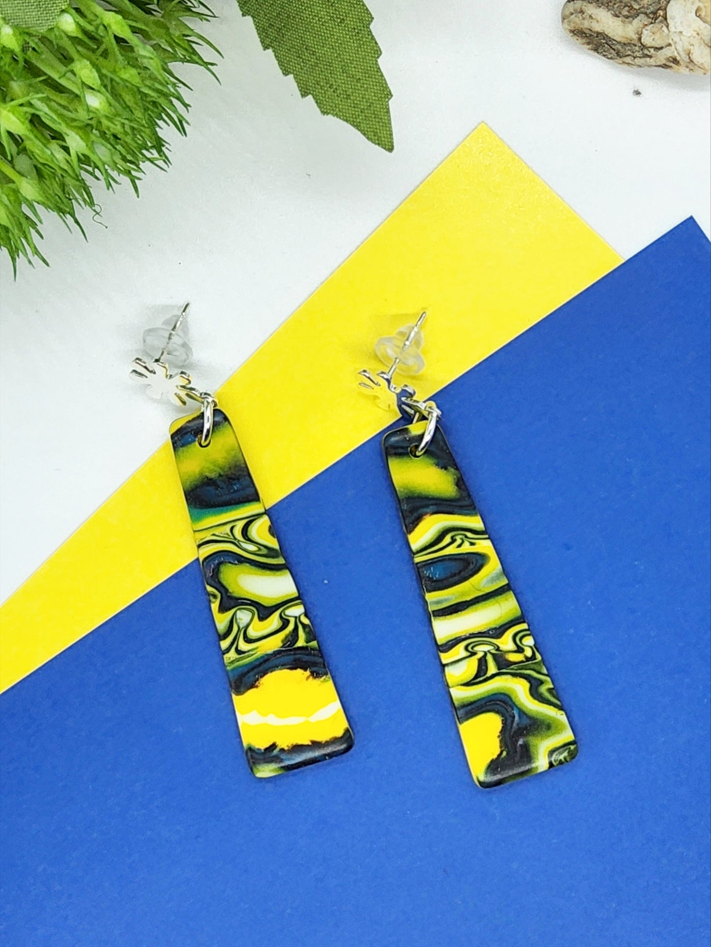 TIE DYE IN YELLOW, BLUE WHITE POLYMER CLAY EARRINGS