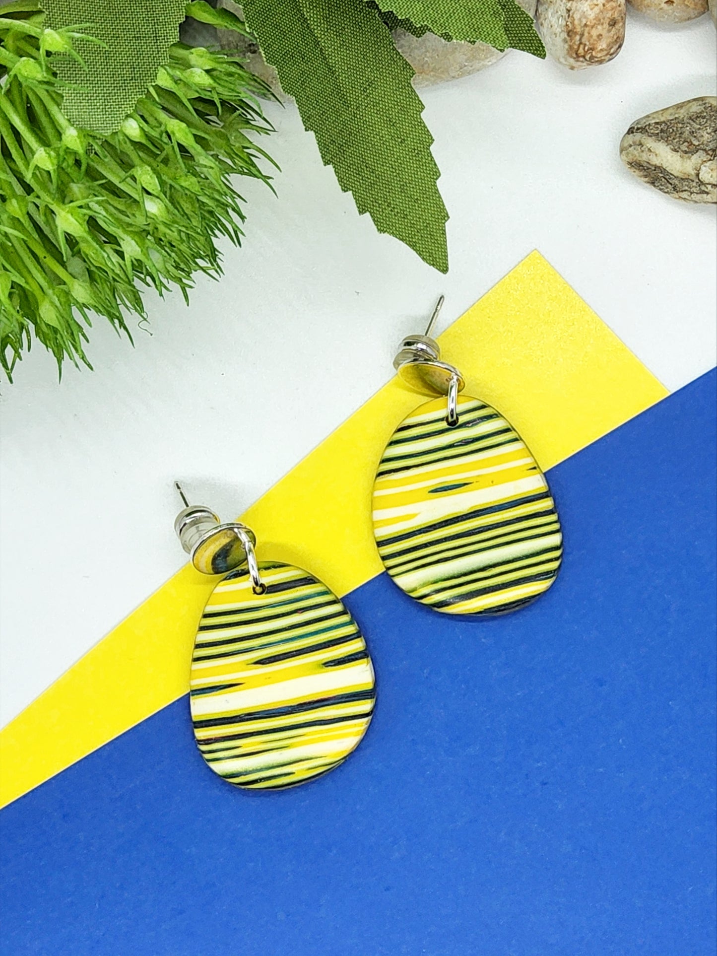 BRIGHT YELLOW AND NAVY STRIPED POLYMER CLAY EARRINGS