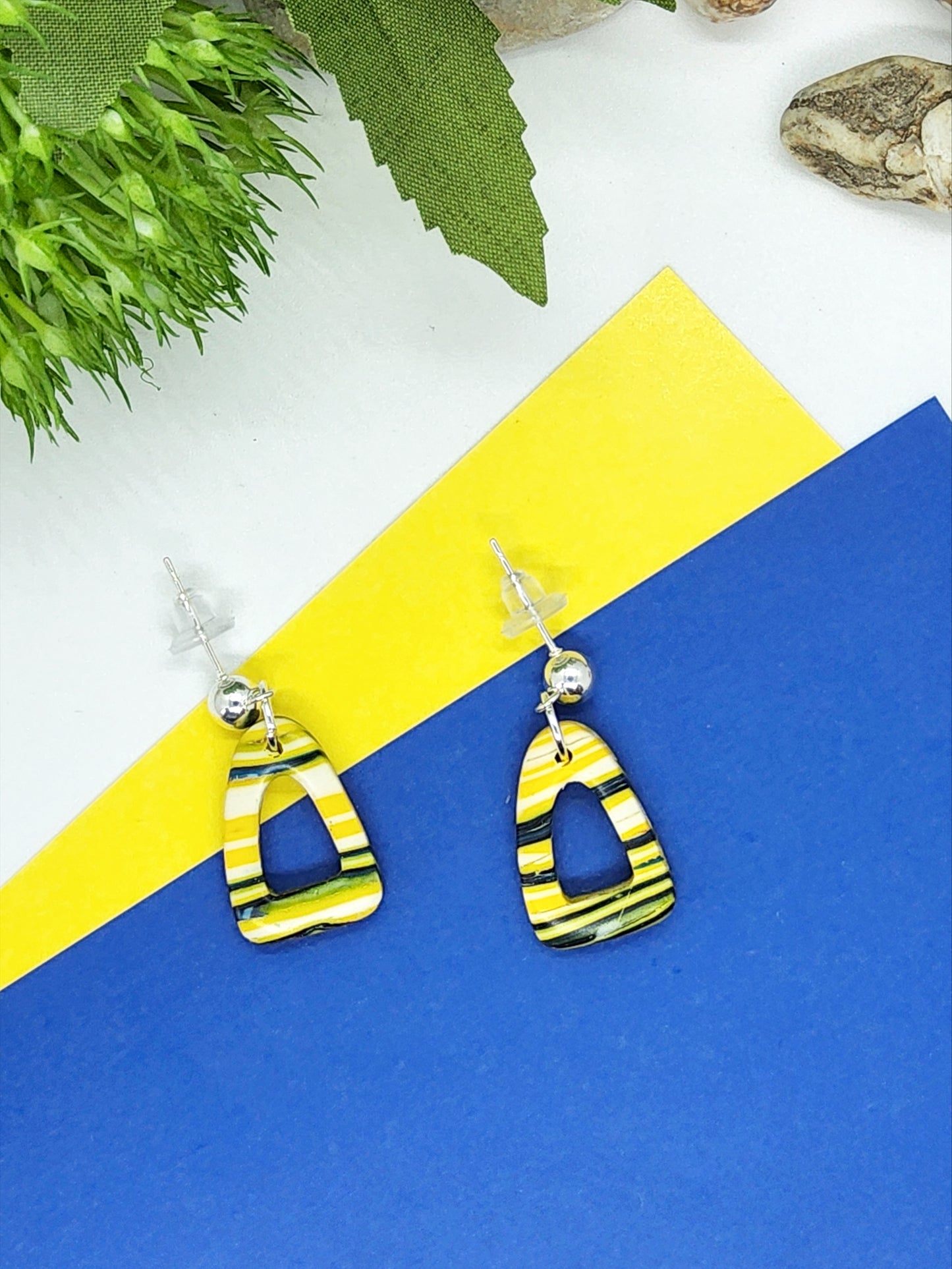 BRIGHT YELLOW AND NAVY POLYMER CLAY EARRINGS