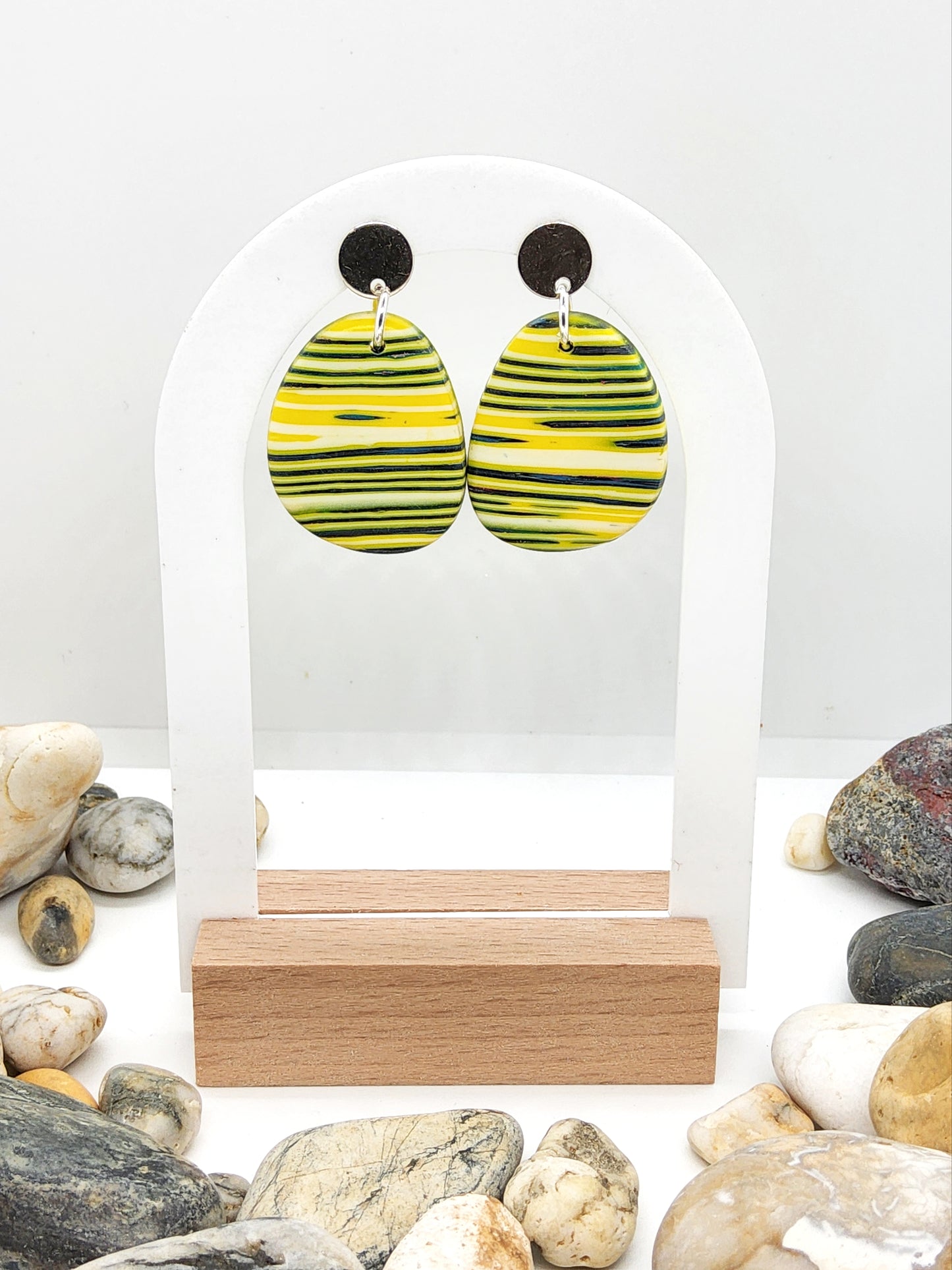 BRIGHT YELLOW AND NAVY STRIPED POLYMER CLAY EARRINGS