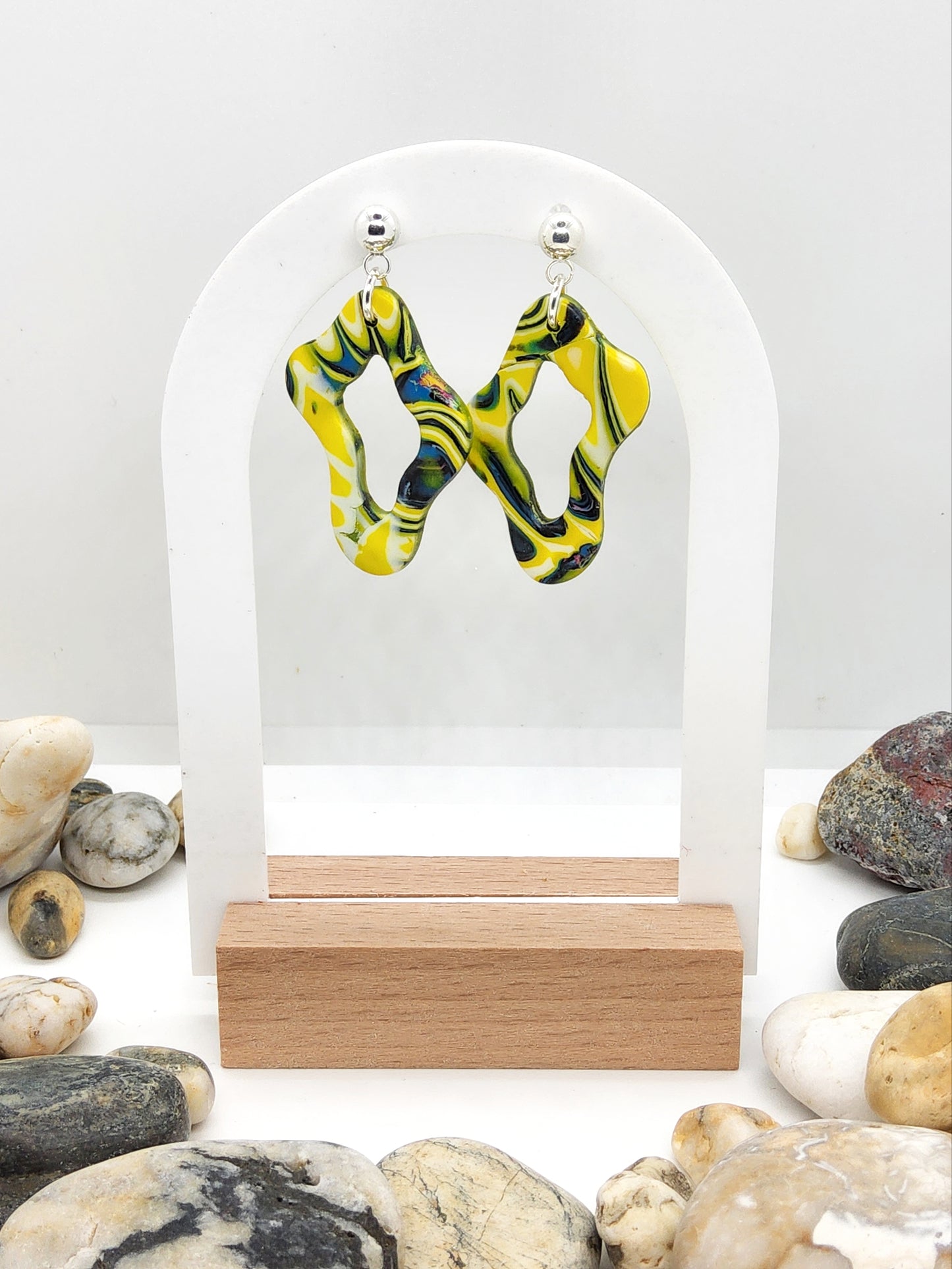 BRIGHT YELLOW AND NAVY ORGANIC SHAPE POLYMER CLAY EARRINGS