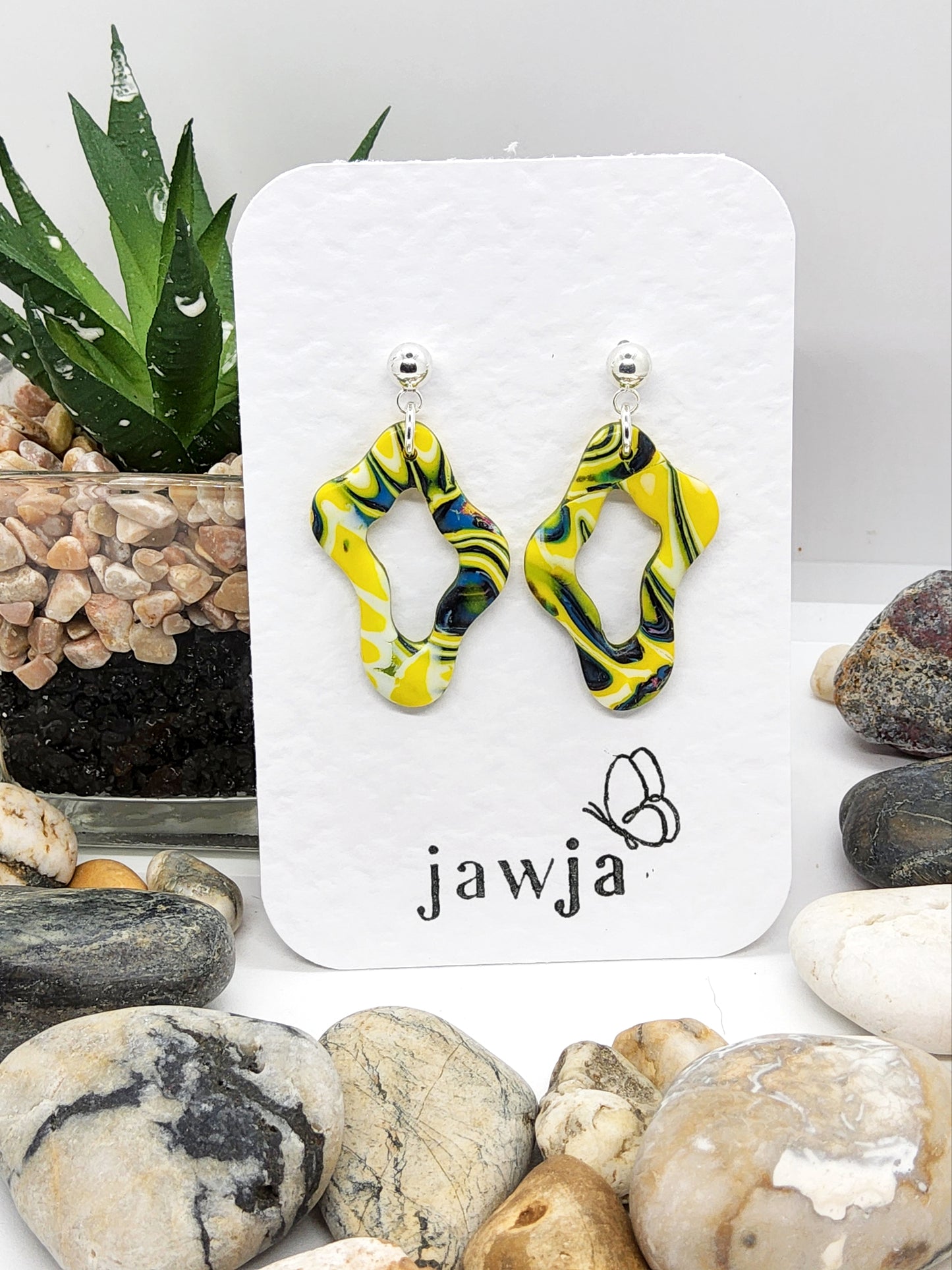 BRIGHT YELLOW AND NAVY ORGANIC SHAPE POLYMER CLAY EARRINGS