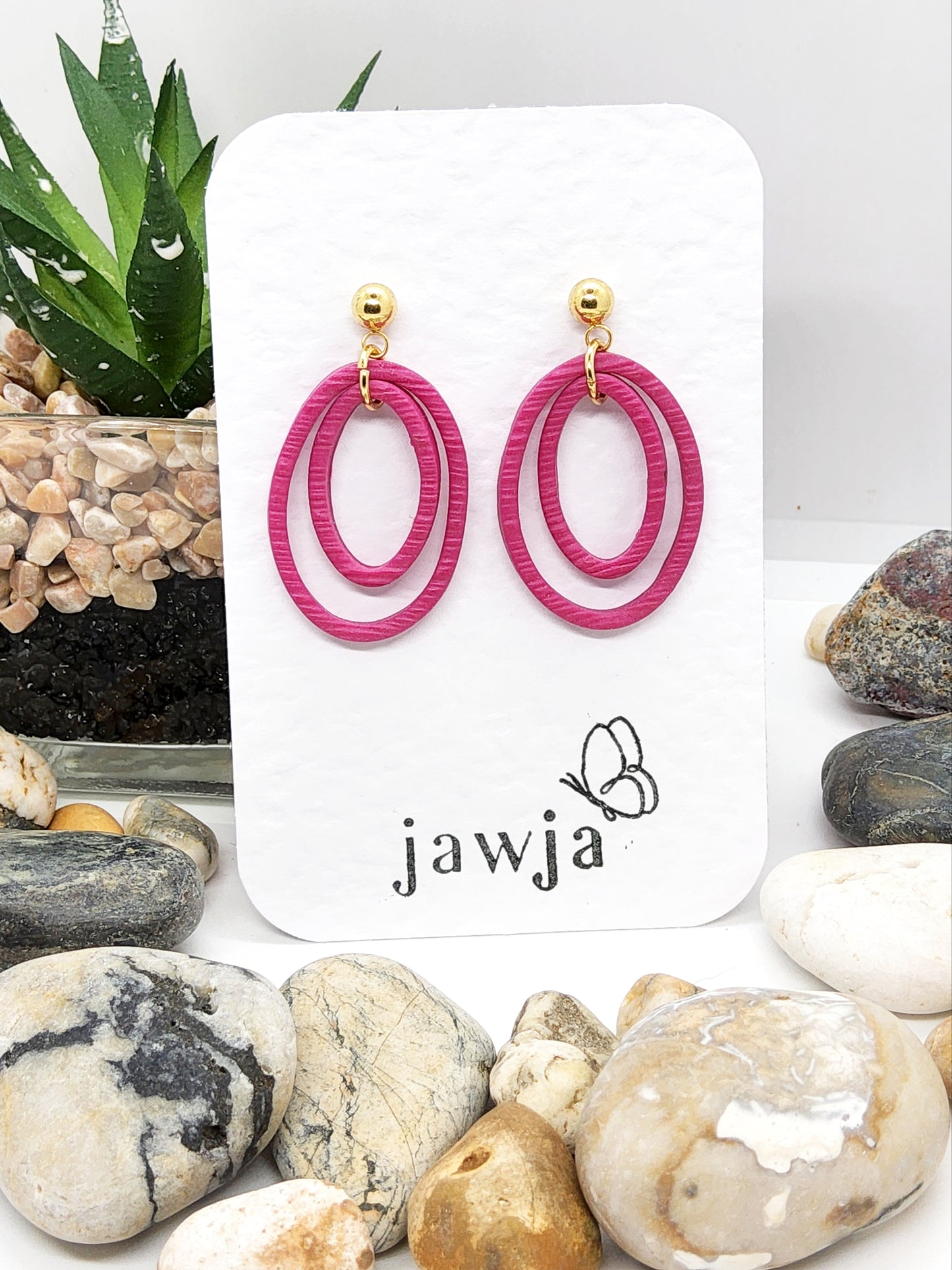 FUSCHIA SKINNY OVAL RING POLYMER CLAY EARRINGS