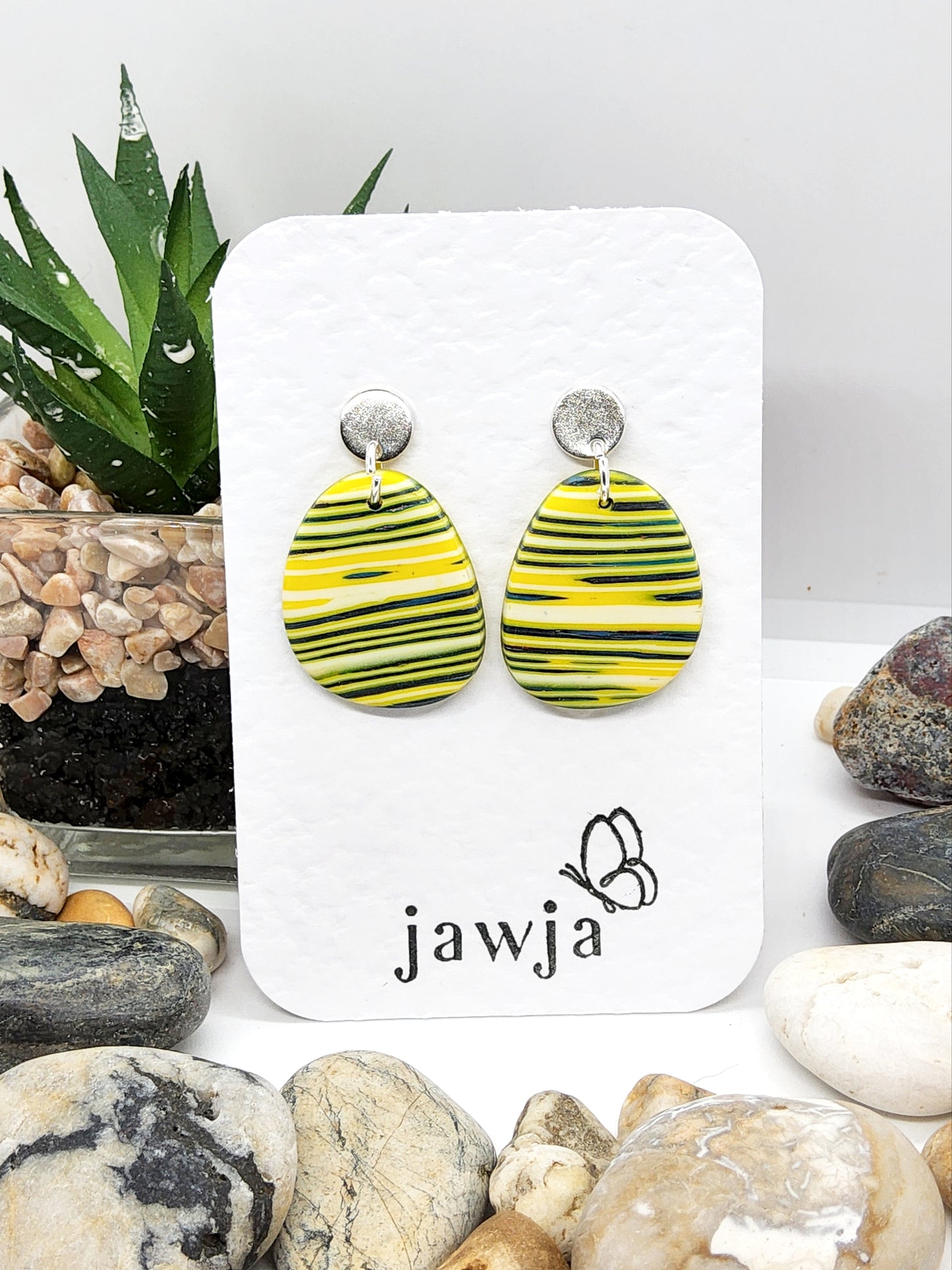 BRIGHT YELLOW AND NAVY STRIPED POLYMER CLAY EARRINGS