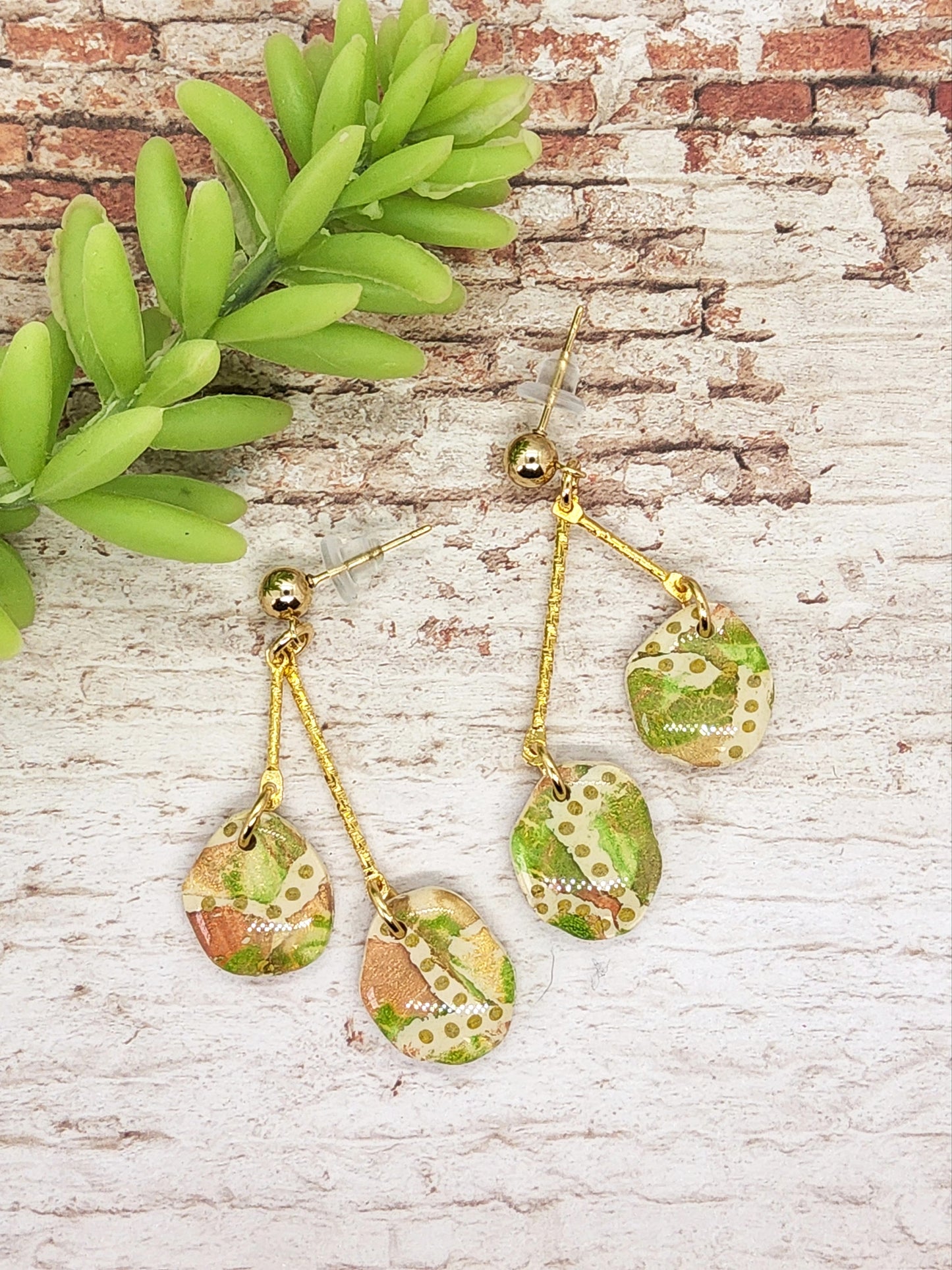 GOLD, CREAM, GREEN AND APRICOT POLYMER CLAY EARRINGS