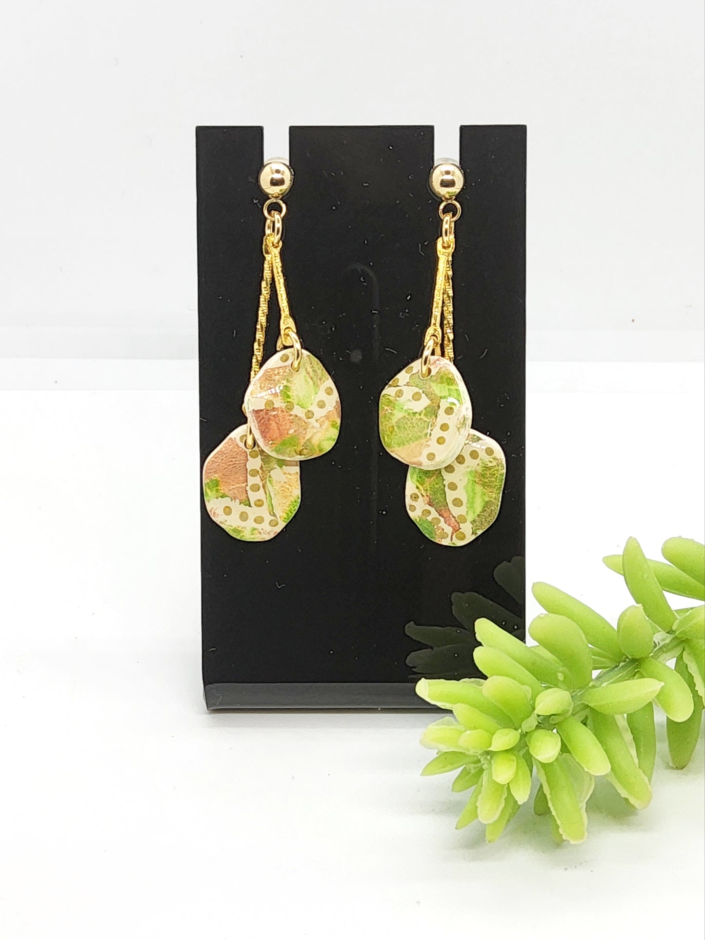 GOLD, CREAM, GREEN AND APRICOT POLYMER CLAY EARRINGS