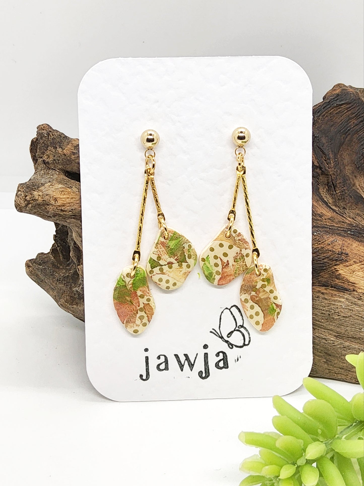 GOLD, CREAM, GREEN AND APRICOT POLYMER CLAY EARRINGS