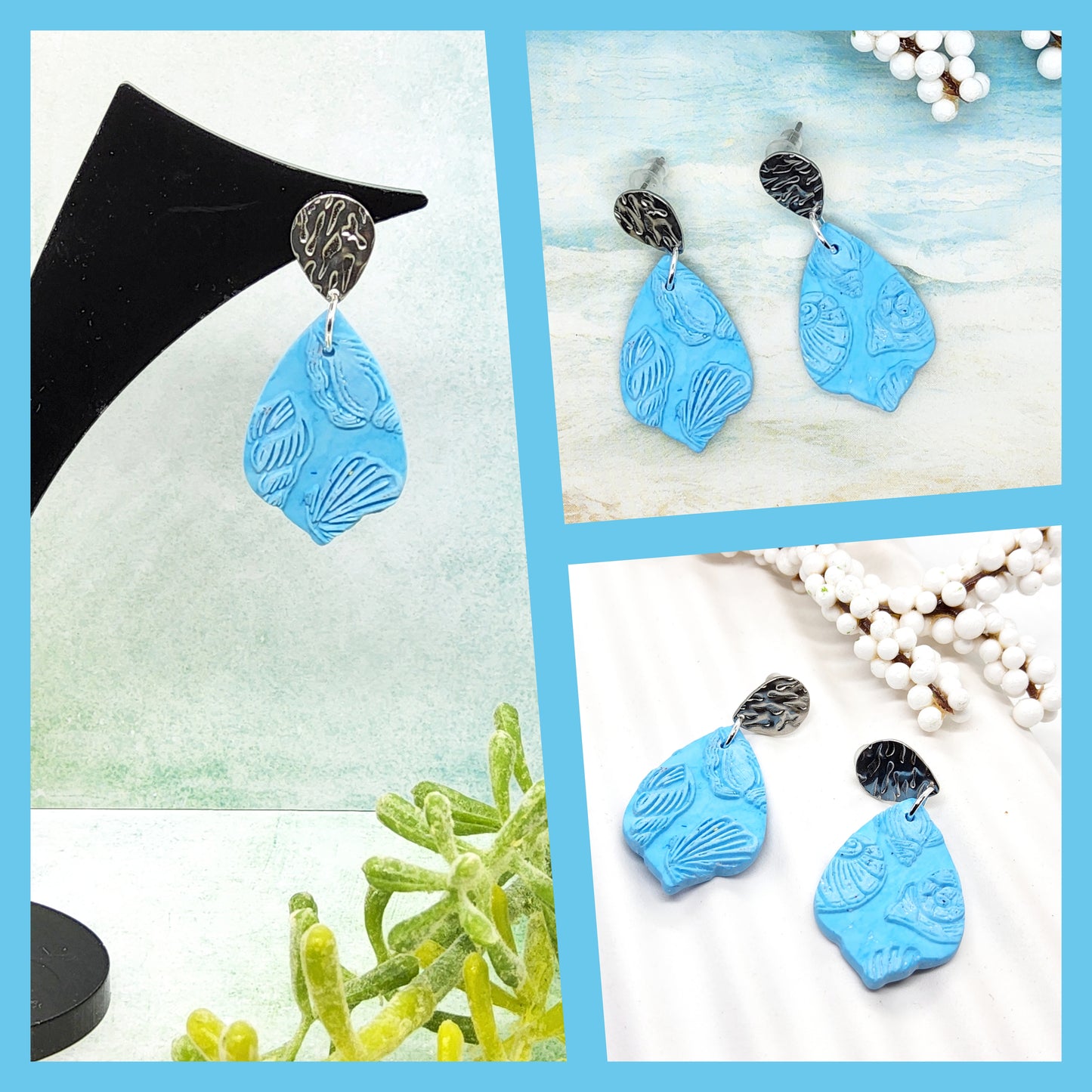 MOTTLED BLUE SEASHELL PATTERNED POLYMER CLAY EARRINGS