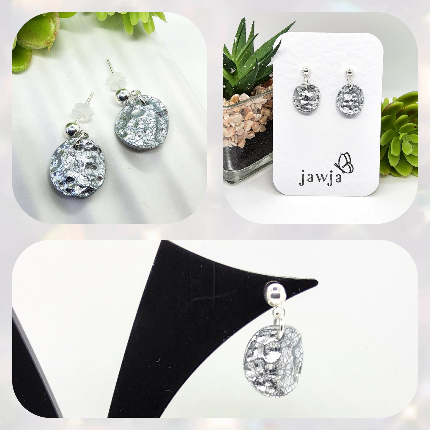 SILVER FOIL HAMMERED EFFECT POLYMER CLAY EARRINGS