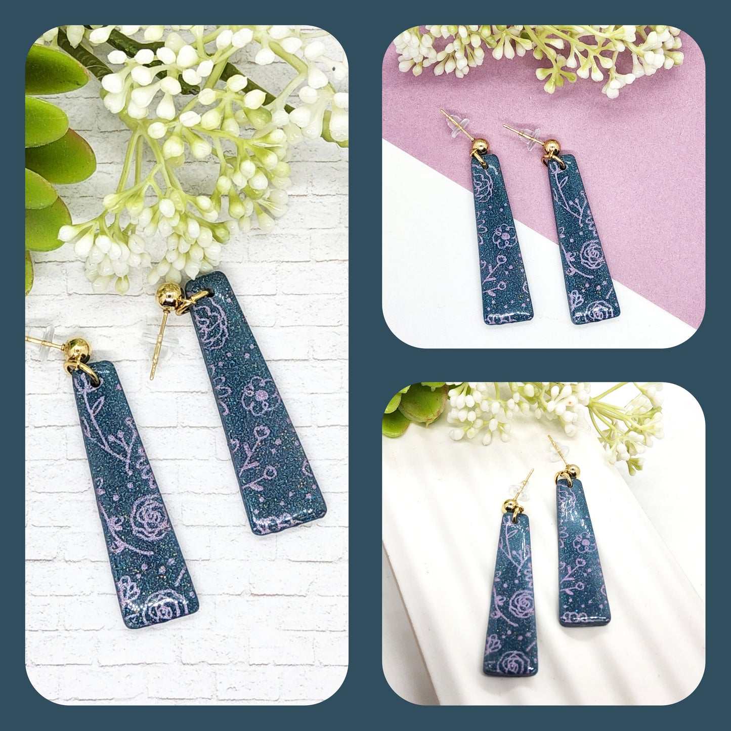 LAGOON BLUE WITH LILAC FLOWER PATTERN POLYMER CLAY EARRINGS