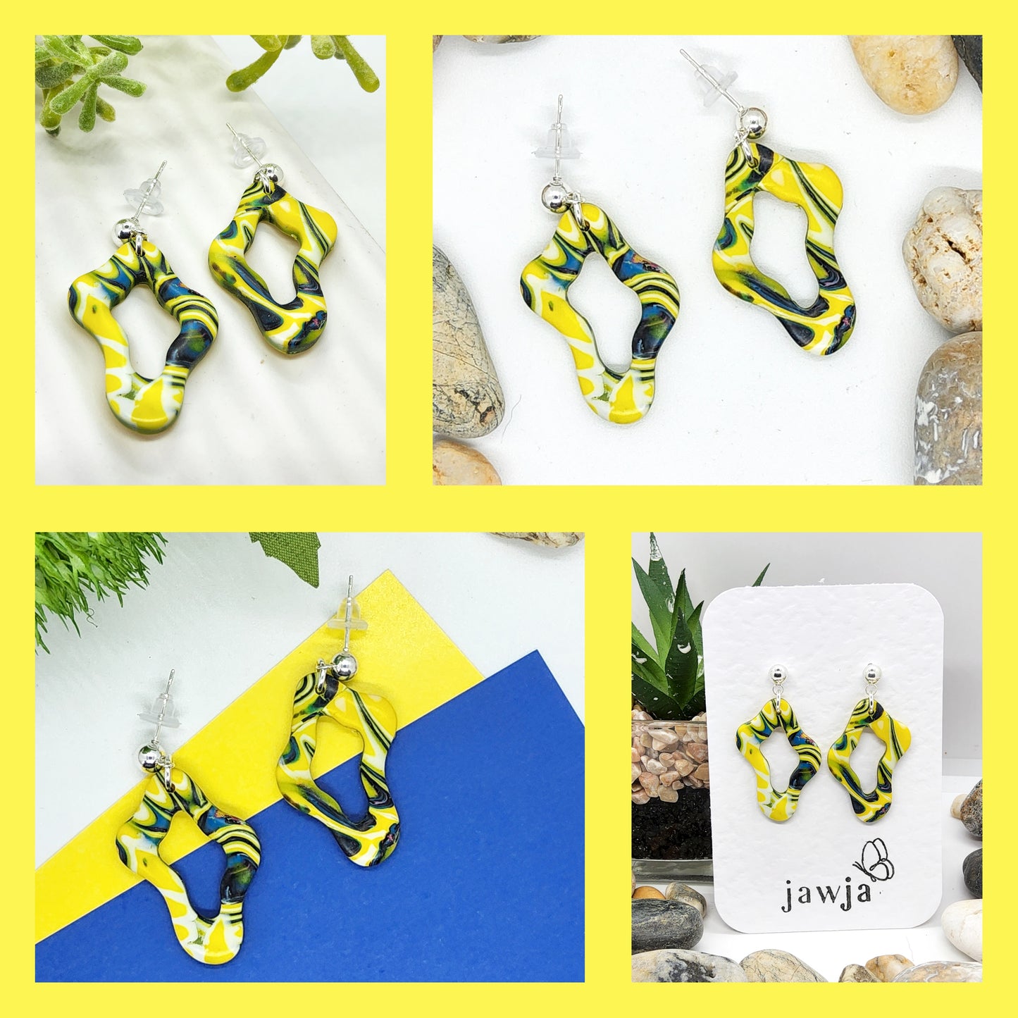 BRIGHT YELLOW AND NAVY ORGANIC SHAPE POLYMER CLAY EARRINGS